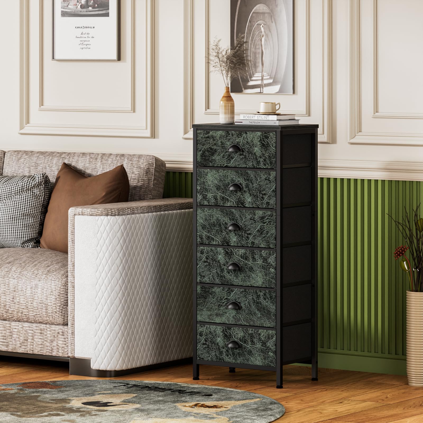 Furnulem Tall Dresser with 6 Drawers,Vertical Bedside End Table & Chest for Bedroom,Black Storage Tower Dorm Nightstand with Fabric Drawer Organizer Unit Furniture in Living Room,Closet,Hallyway