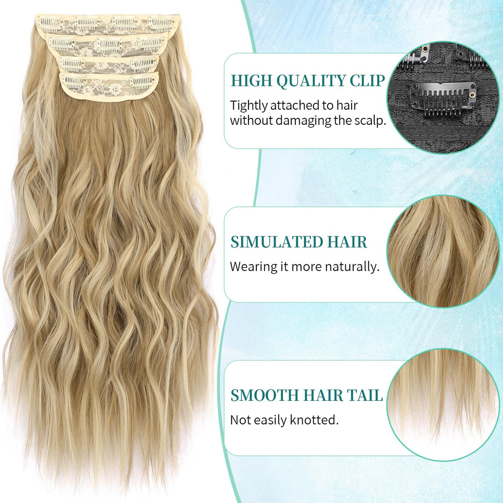 KooKaStyle Clip in Synthetic Hair Extensions Long Wavy 4PCS Thick Hairpieces Balayage Chocolate Brown to Caramel Blonde 10H26 Fiber Double Weft Natural Hair Extensions 16 Inch for Women