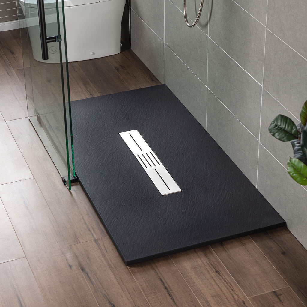 WOODBRIDGE 47.25 in L x 31.5 in W Zero Threshold Shower Base with Center Drain, Decorative Drain Plate, Tile Flange, Wheelchair Access, Low Profile, Black
