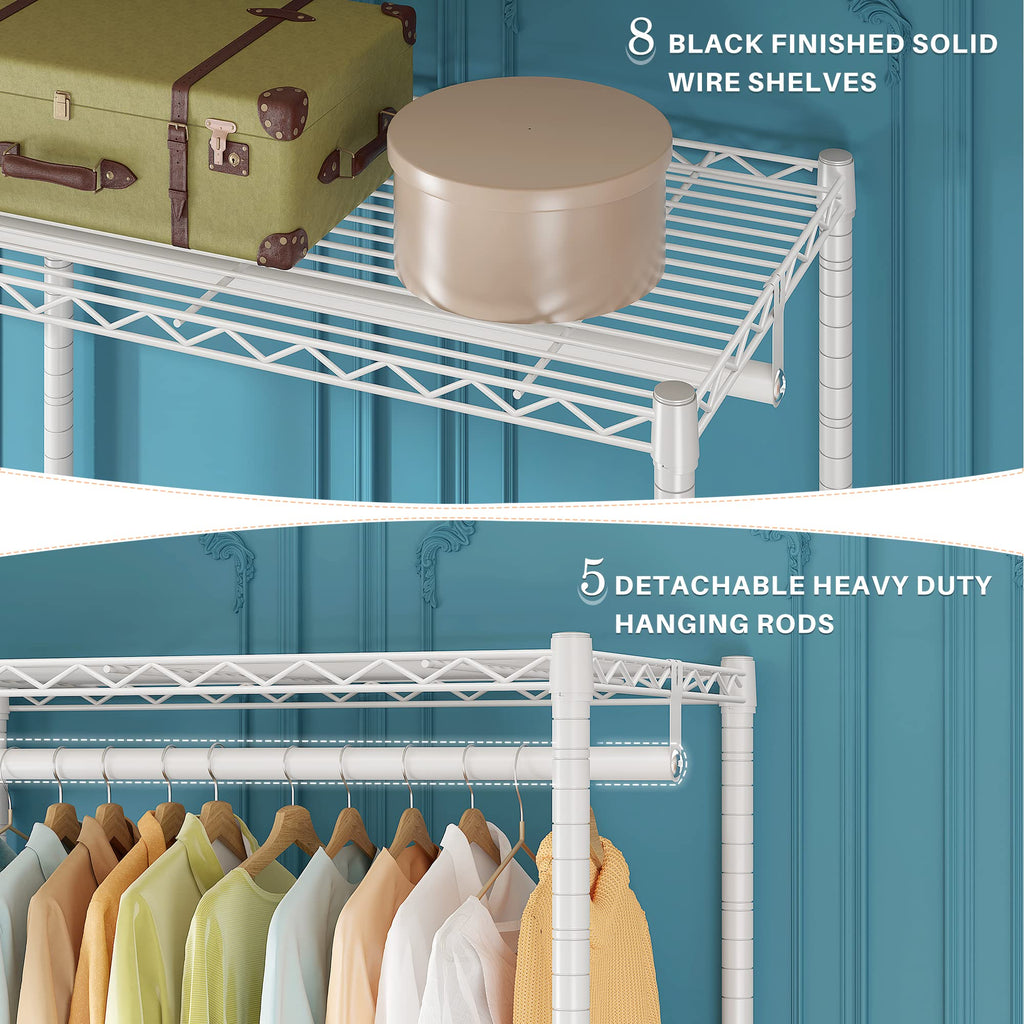 Raybee Clothes Rack,Clothing Racks for Hanging Clothes 900LBS Capacity Heavy Duty Portable Closet with 5 Hanger Rods & 8 Shelves for Walk-in Closet,Apartment