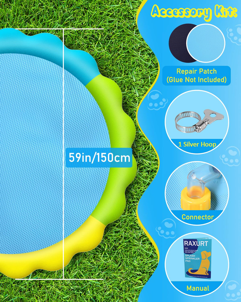 Raxurt Splash Pad, Non-Slip Thicken Splash Pad for Kids Ages 4-8 Toddler Baby Splash Sprinkler Pad Dog Pool Summer Outdoor Water Toys for Boys Girls, 59'' Blue