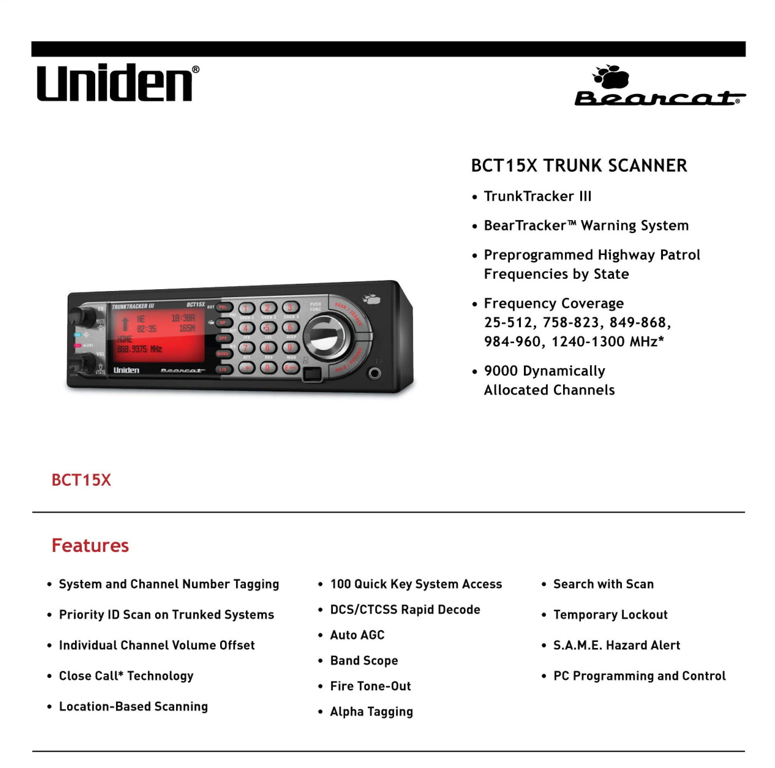 Uniden BearTracker Scanner (BCT15X) with 9,000 Channels, TrunkTracker III Technology, Base/Mobile Design, Close Call RF Capture Technology with Location-Based Scanning, - Black Color