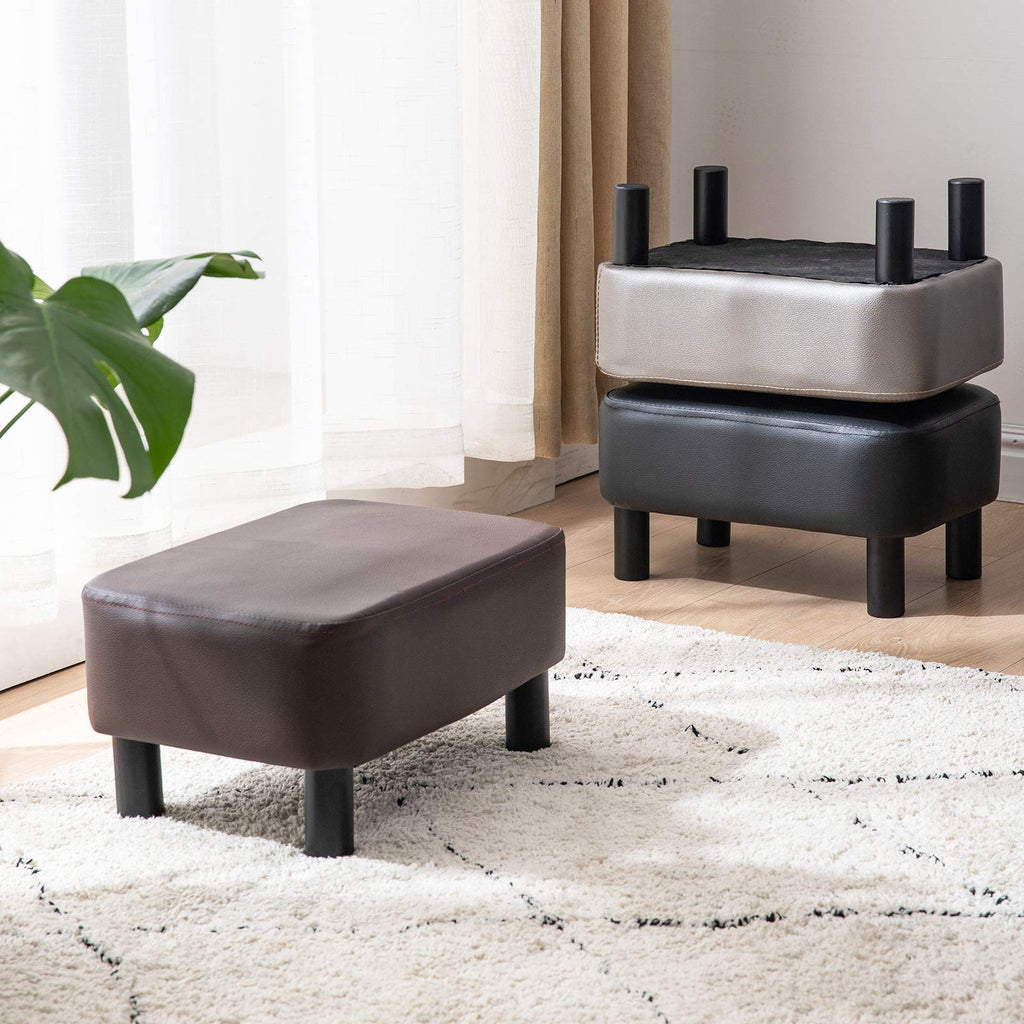 IBUYKE 16.54" Small Footstool, PU Faux Leather Step Stool, with Padded Seat Pine Wood Legs and Padded Rectangular Stool, for Bedroom, Black RF-BD210