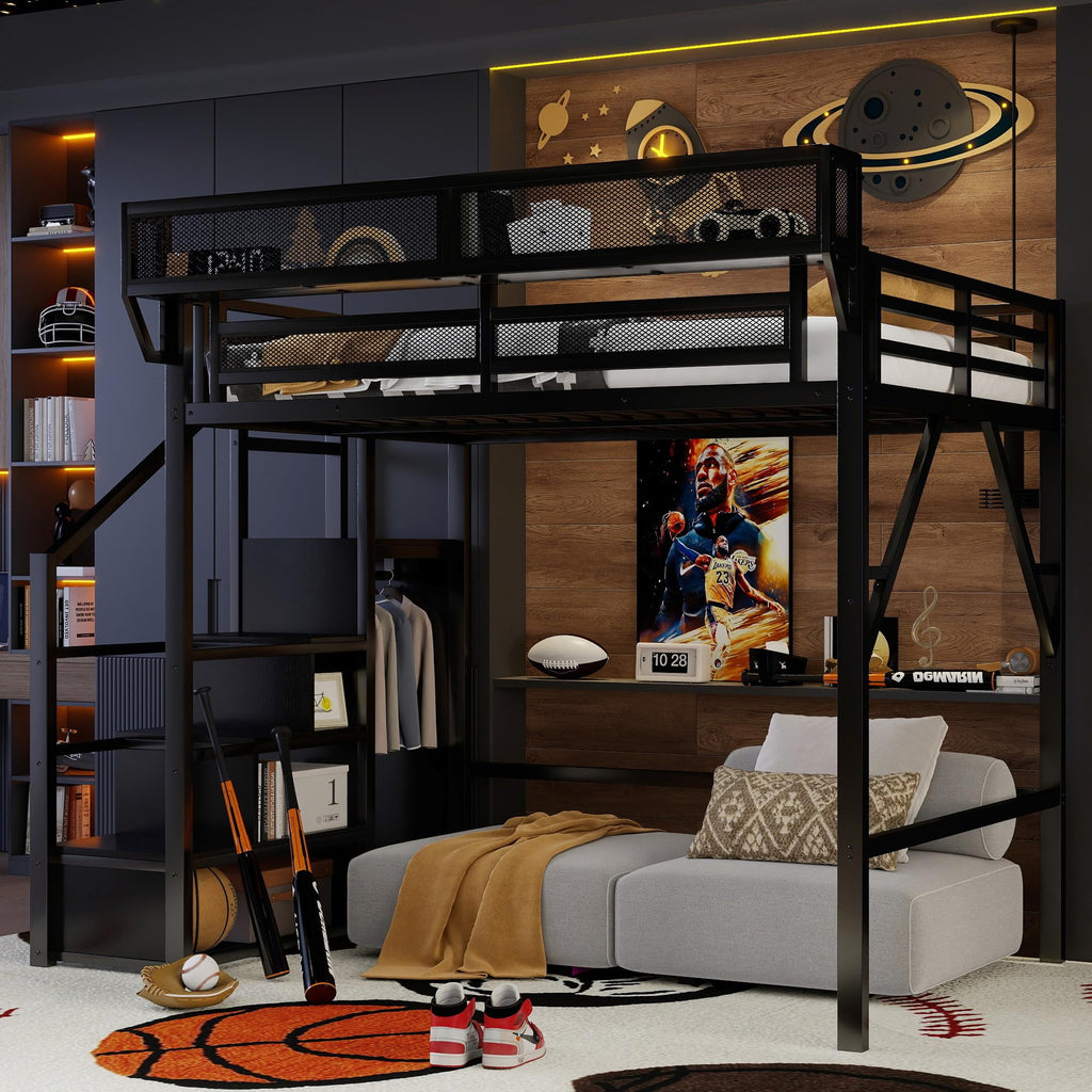 Mirightone Full Size Loft Bed with Stairs, Metal Loft Beds, High Loft Bed Frame with Storage Shelves, Lofted Full Bed with Wardrobe for Kids and Teens, No Box Spring Needed (Black)