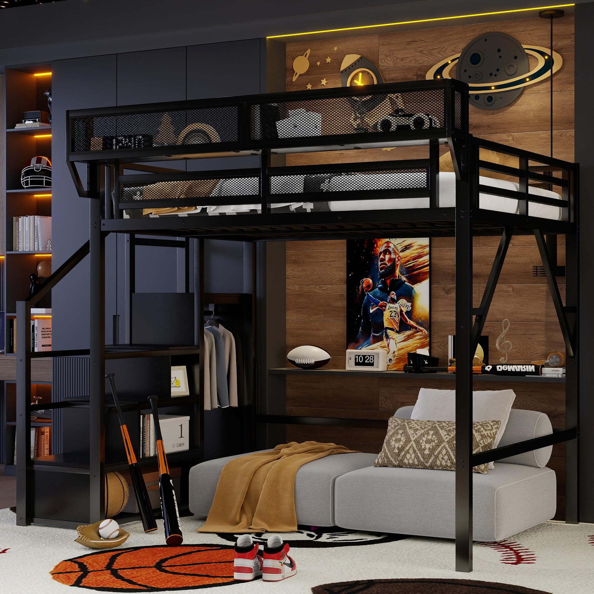 Mirightone Full Size Loft Bed with Stairs, Metal Loft Beds, High Loft Bed Frame with Storage Shelves, Lofted Full Bed with Wardrobe for Kids and Teens, No Box Spring Needed (Black)