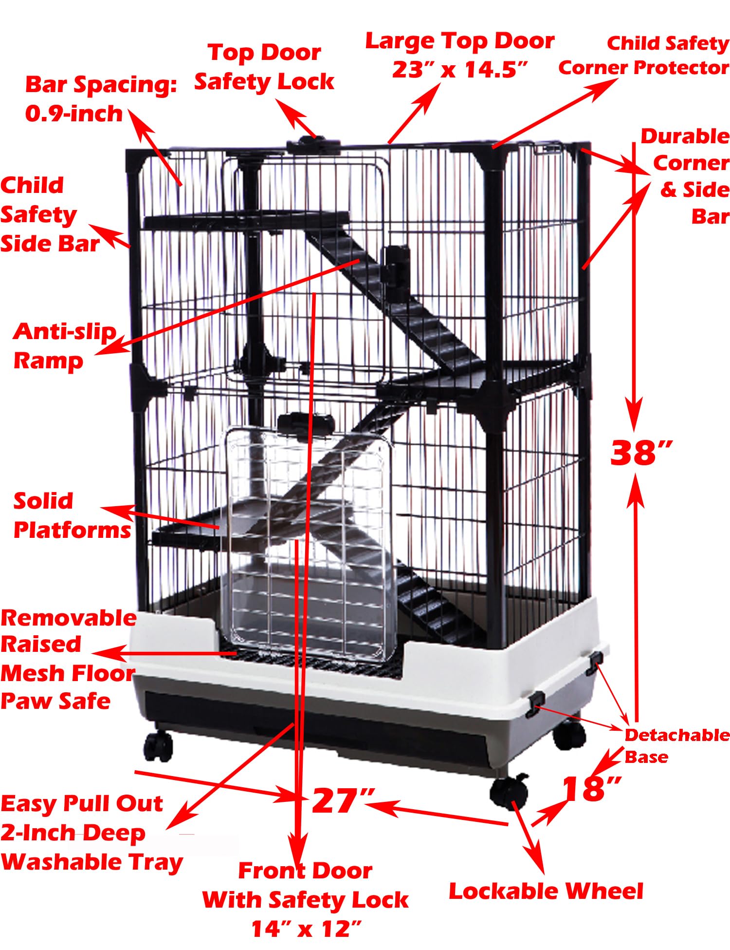 Deluxe 2-Level in/Outdoor Rabbit Hutch Cage for Ferret Squirrel Chinchilla Paw Safe Solid Platform Ramp Mesh Floor Pull Out Leakproof Easy Clean 2-Inch Deep Tray Large Access Doors Lockable Casters
