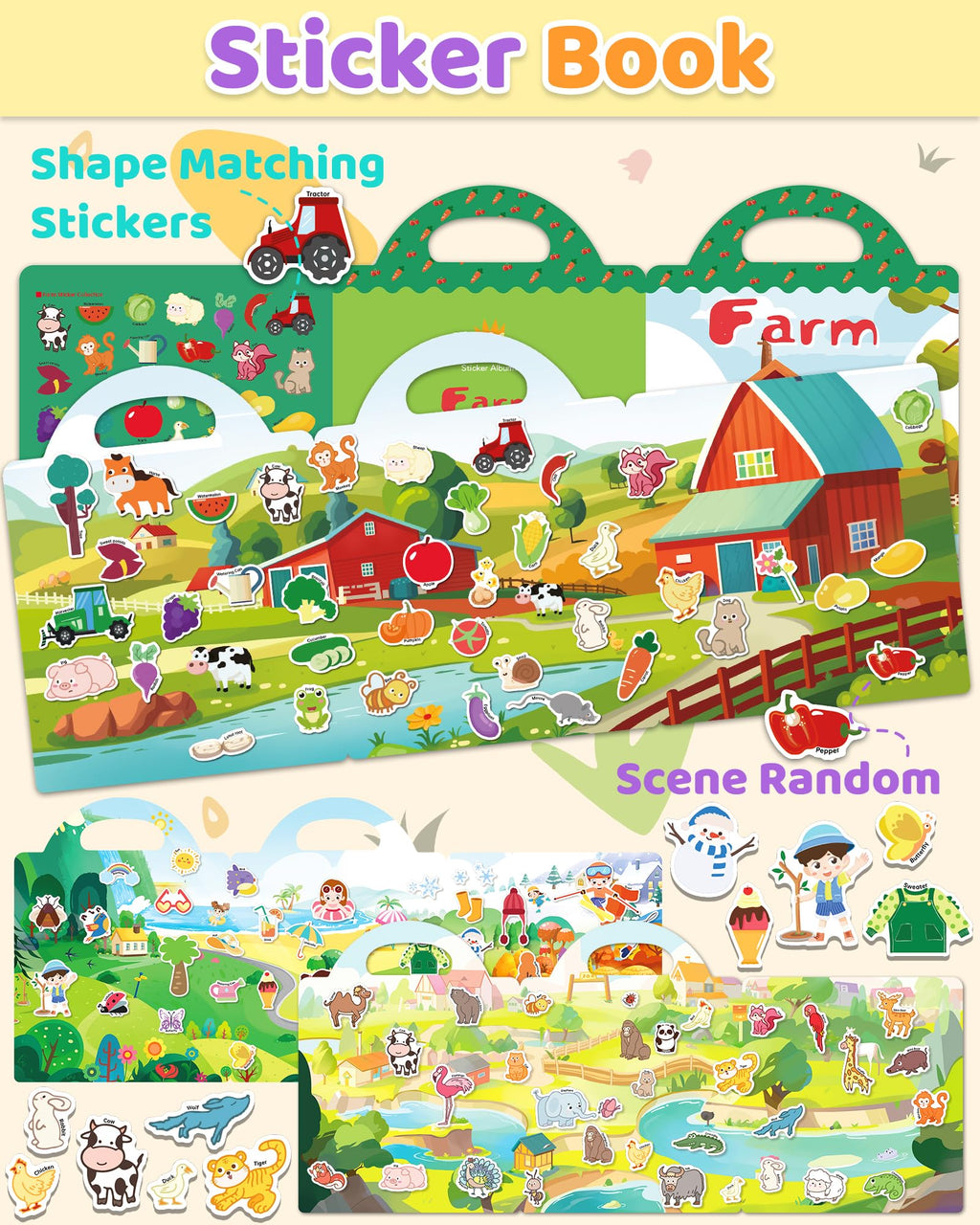 Benresive Reusable Sticker Book for Toddlers, Stickers for Kids, Travel Toys for Arts & Crafts Activities, Birthday Gift for Boys & Girls, Animals Dinosaurs Insects Themes