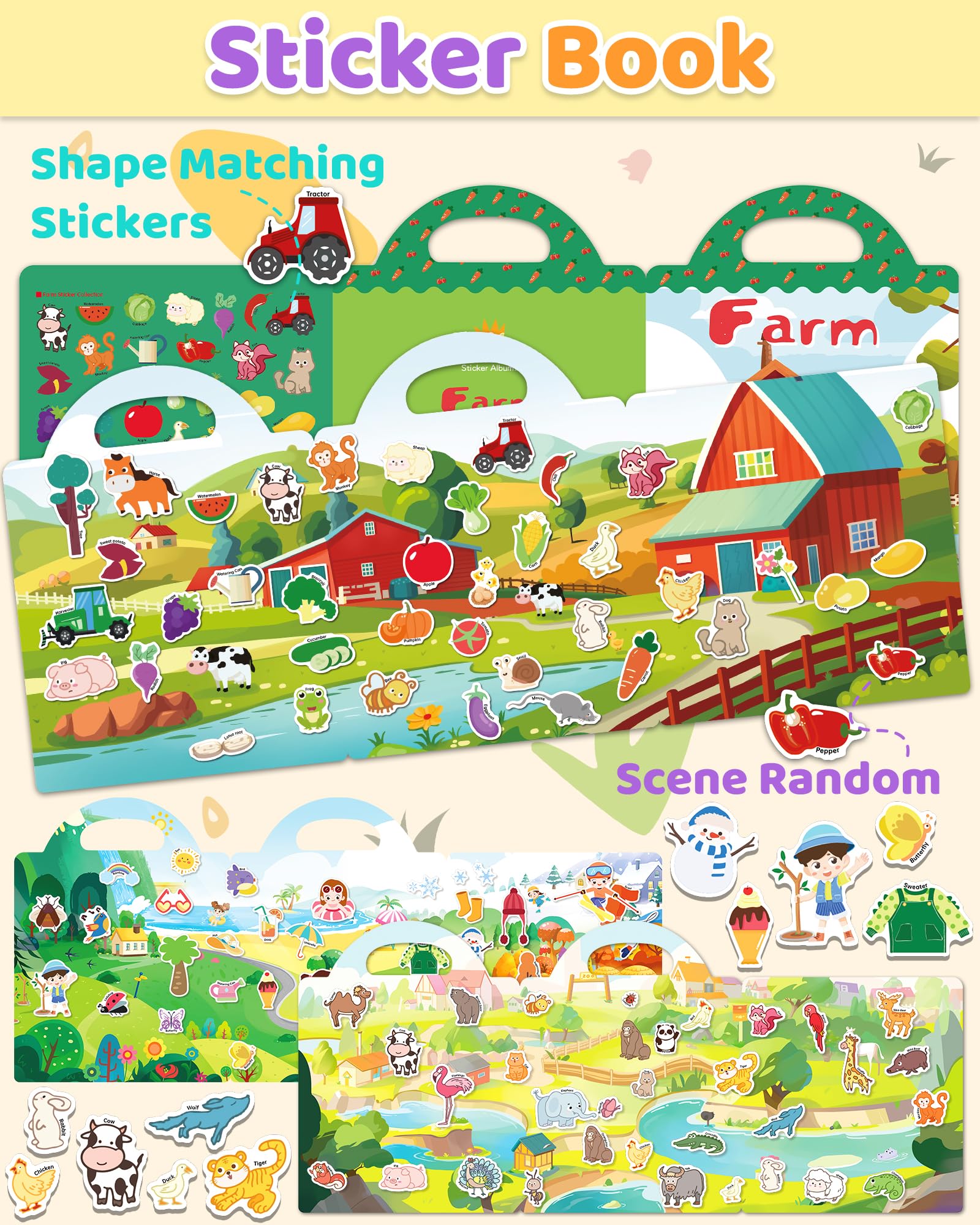 Benresive Reusable Sticker Book for Toddlers, Stickers for Kids, Travel Toys for Arts & Crafts Activities, Birthday Gift for Boys & Girls, Animals Dinosaurs Insects Themes