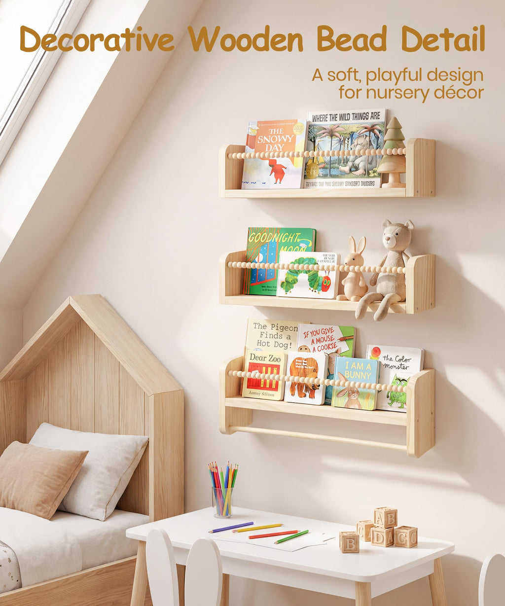 Nursery Book Shelves for Wall Set of 3, Natural Wood Bookshelves Wall Decor, Small Floating Shelf Organizer for Kids Room, Bedroom, Kitchen Spice Rack