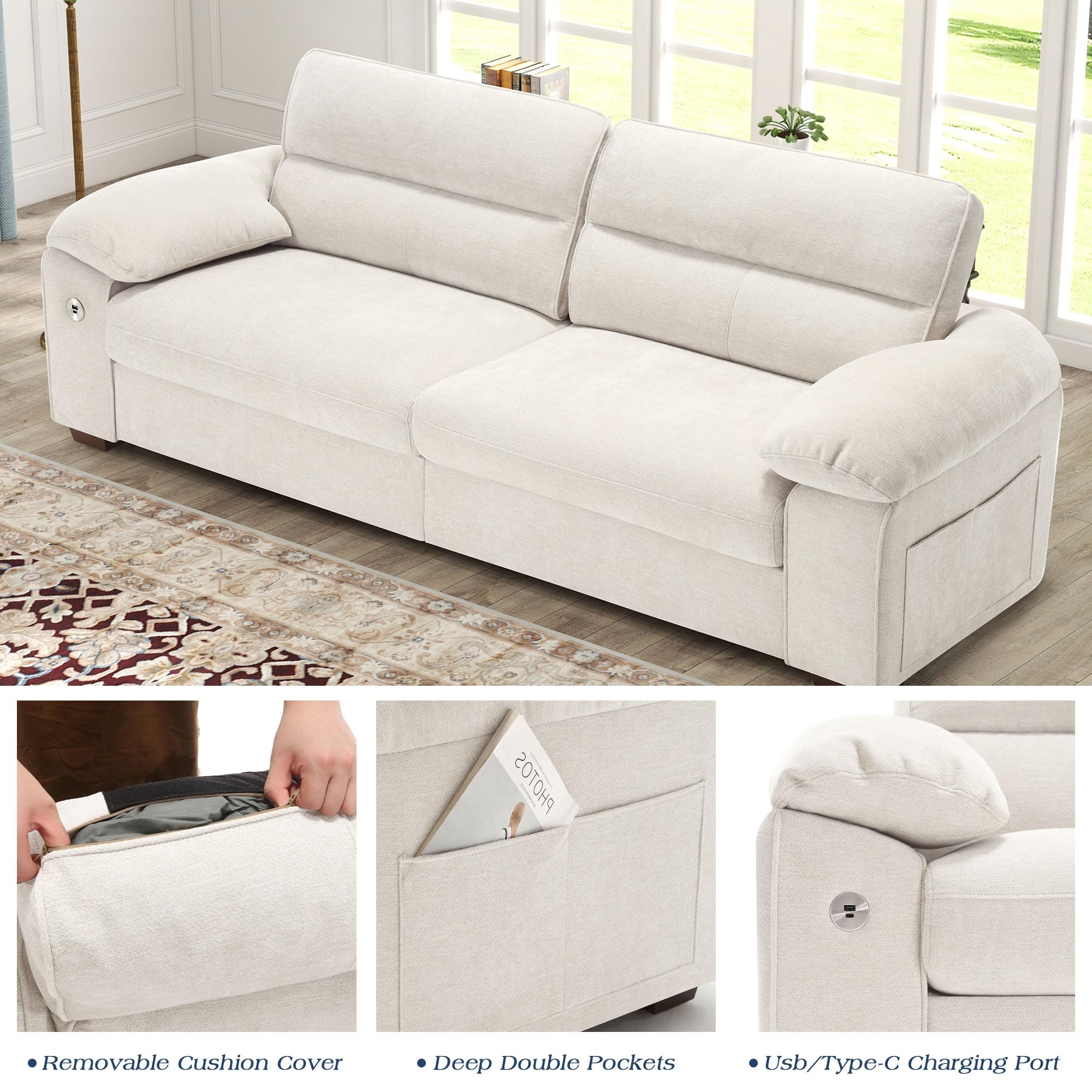 WorthFurni Sofas for Living Room, Chenille Loveseat Couch Set, Small Sofa, 3 Seater Sofa, USB Charging, Removable Sofa Cover,Solid Wood Frame, Easy to Install(70inch,Beige)