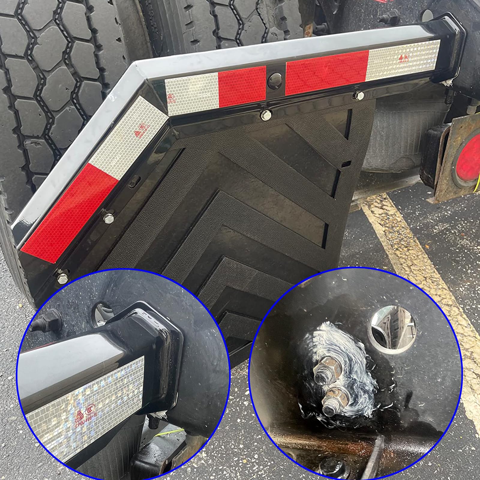 Black Angled Spring Loaded Mud Flap Hanger Bracket Mudflap Holder Set 1-1/8" Bolt Spacing 30" Length with Reflective Tapes fit for Semi Trucks, 2 Pack