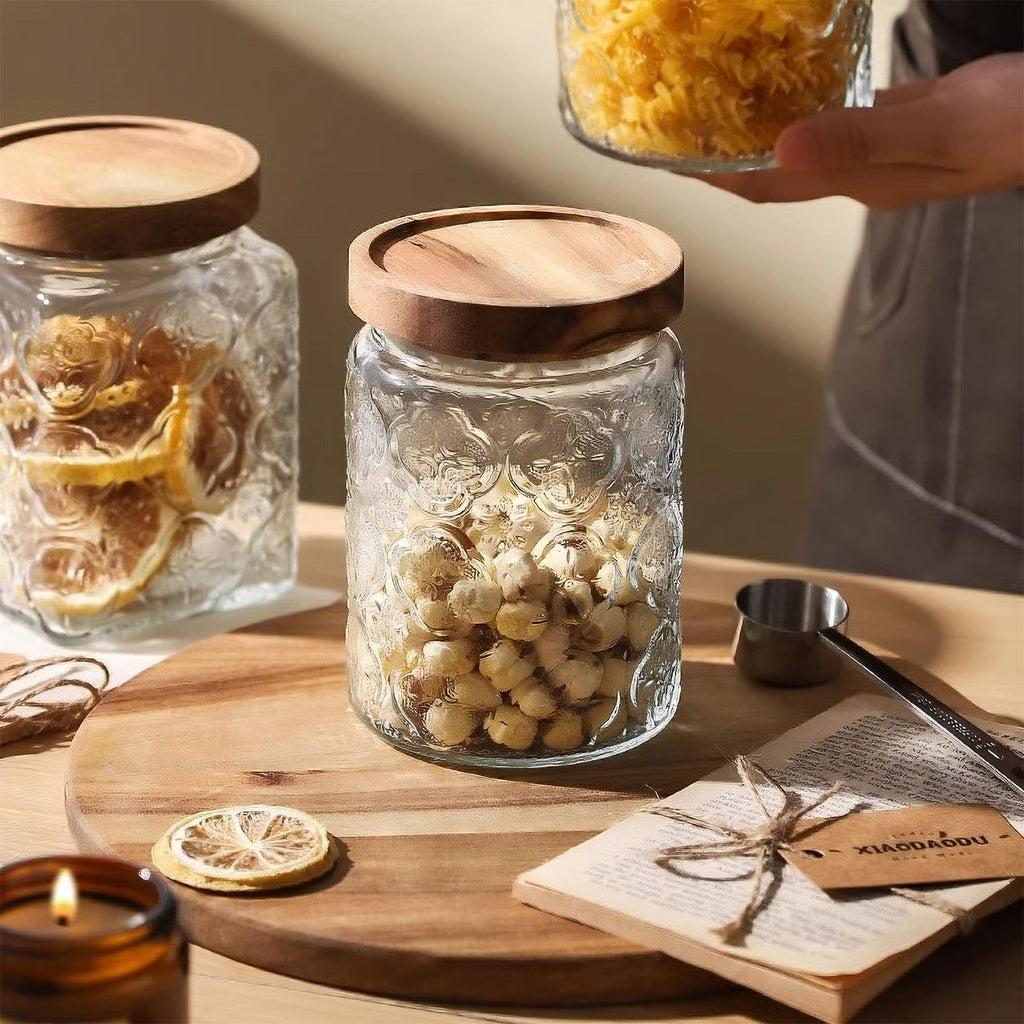 Custde Glass Storage Jars With Airtight Lid, 23.7oz Container For Kitchen Counter with Wooden Lid, brown sugar, candy, coffee, cookie, salt, tea, cute Jar (35oz Large Begonia Flowers)