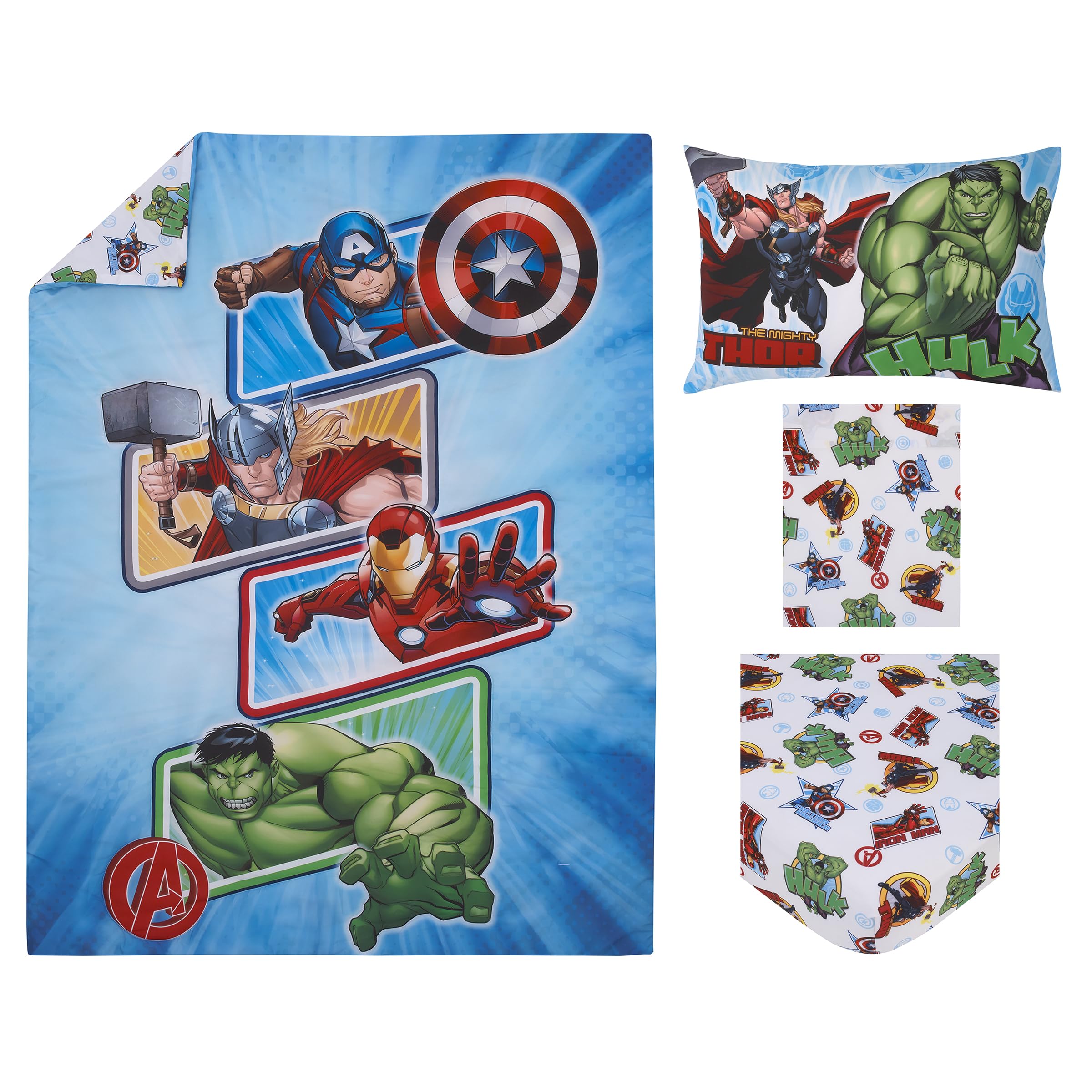 NoJo Marvel The Avengers I Am A Hero Blue, Green, Red, and Yellow 4 Piece Toddler Bed Set - Comforter, Fitted Bottom Sheet, Flat Top Sheet, and Reversible Pillowcase