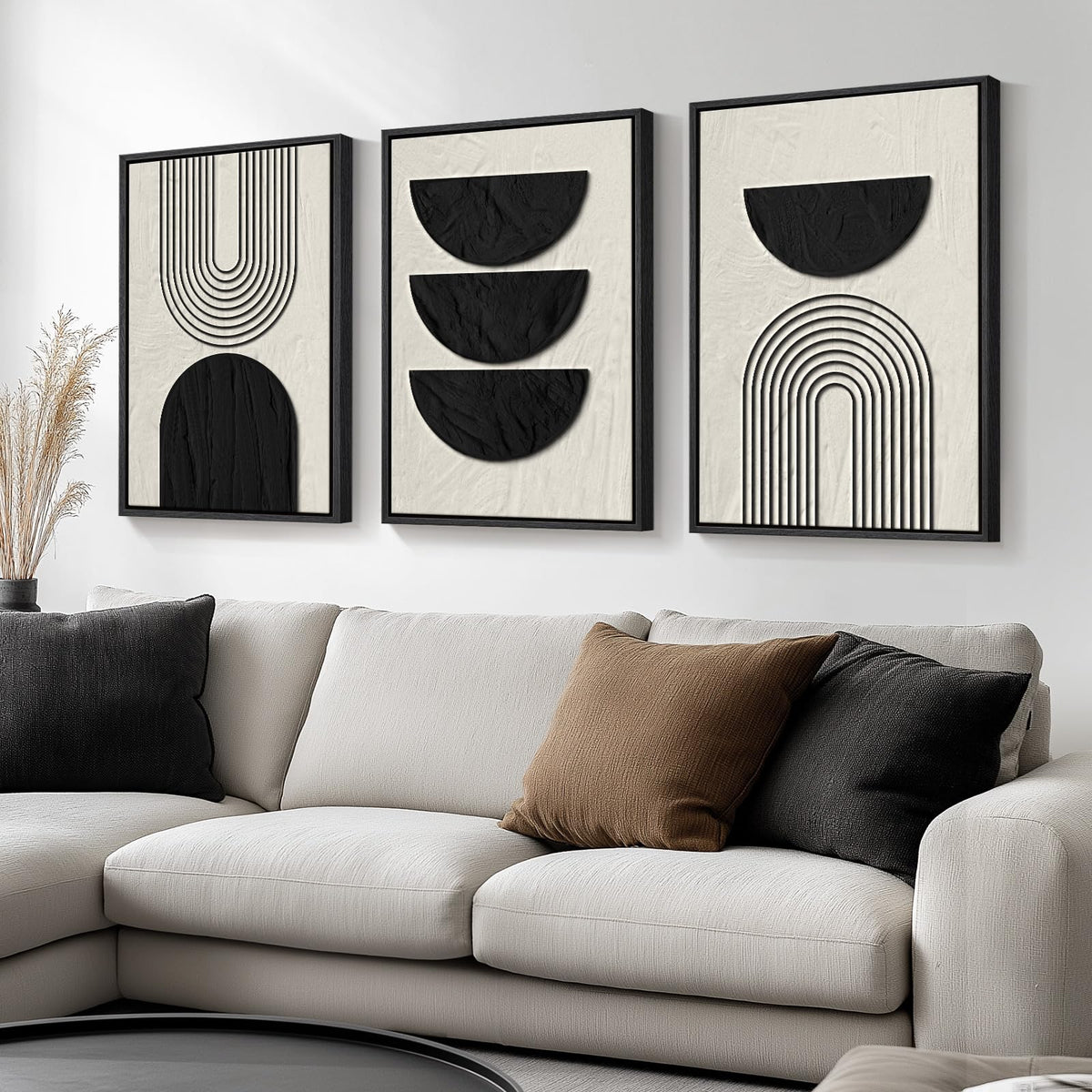 Framed Black and White Modern Abstract Wall Art, 3 Piece Canvas Prints Paintings Artwork for Walls, Minimalist Black White Grey Pictures for Living Room Dining Room Bedroom Office Wall Decor 16x24 In