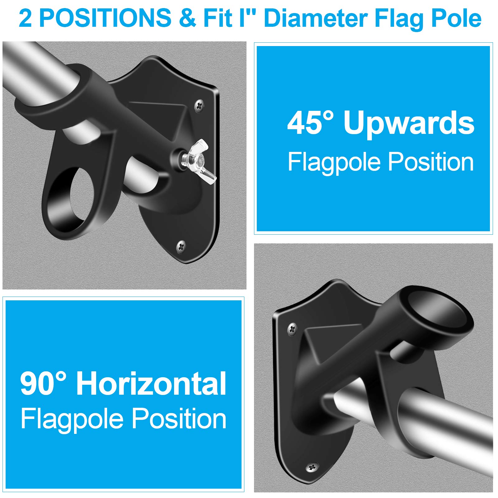 Flag Pole Holder Brackets, BONWIN 1" Flag Pole Mounting Bracket with Hardwares for House Wall Mount, 1" Inner Diameter, Two Positions & Aluminium Alloy, Rust Free Coated (Black - 1 Pack)