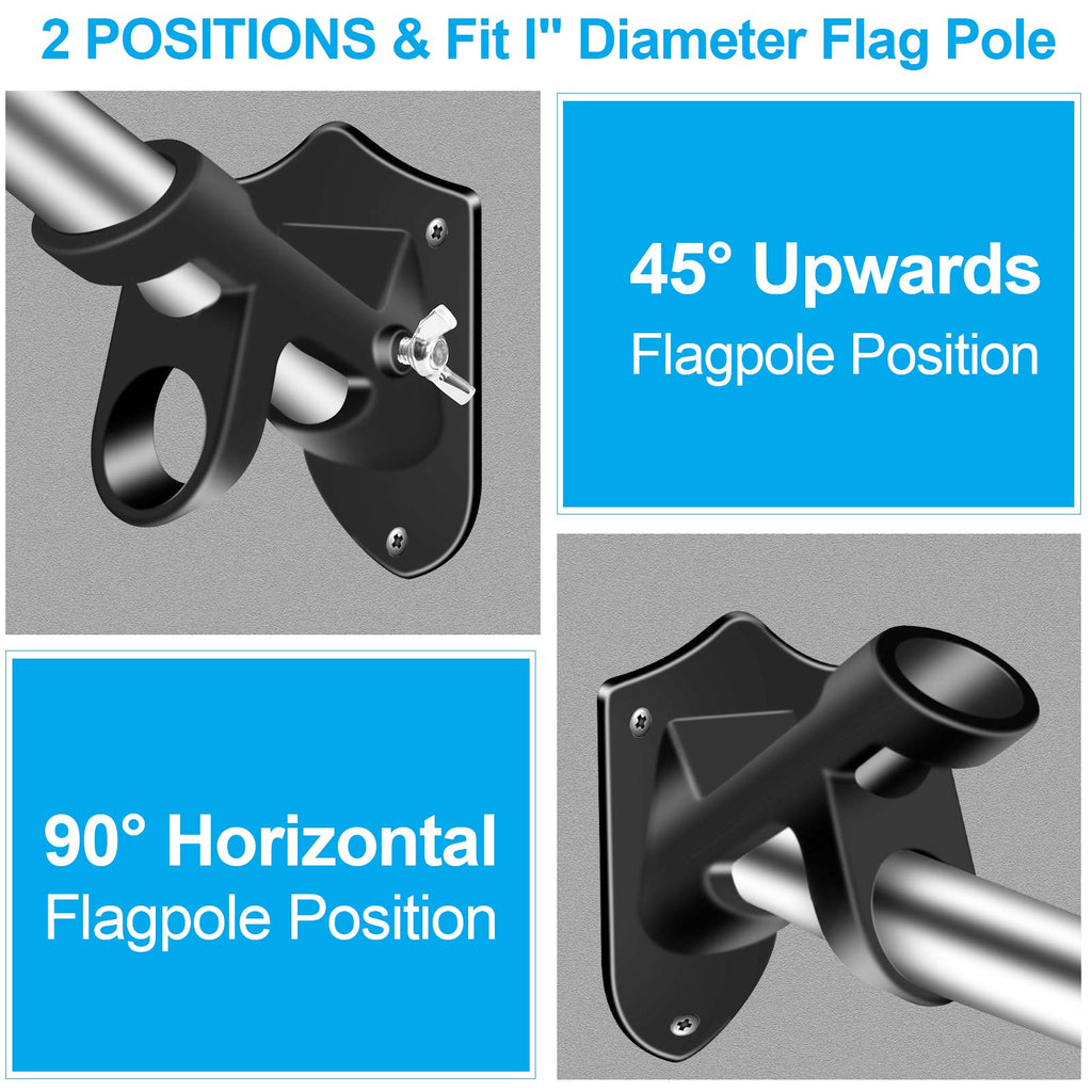Flag Pole Holder Brackets, BONWIN 1" Flag Pole Mounting Bracket with Hardwares for House Wall Mount, 1" Inner Diameter, Two Positions & Aluminium Alloy, Rust Free Coated (Black - 1 Pack)
