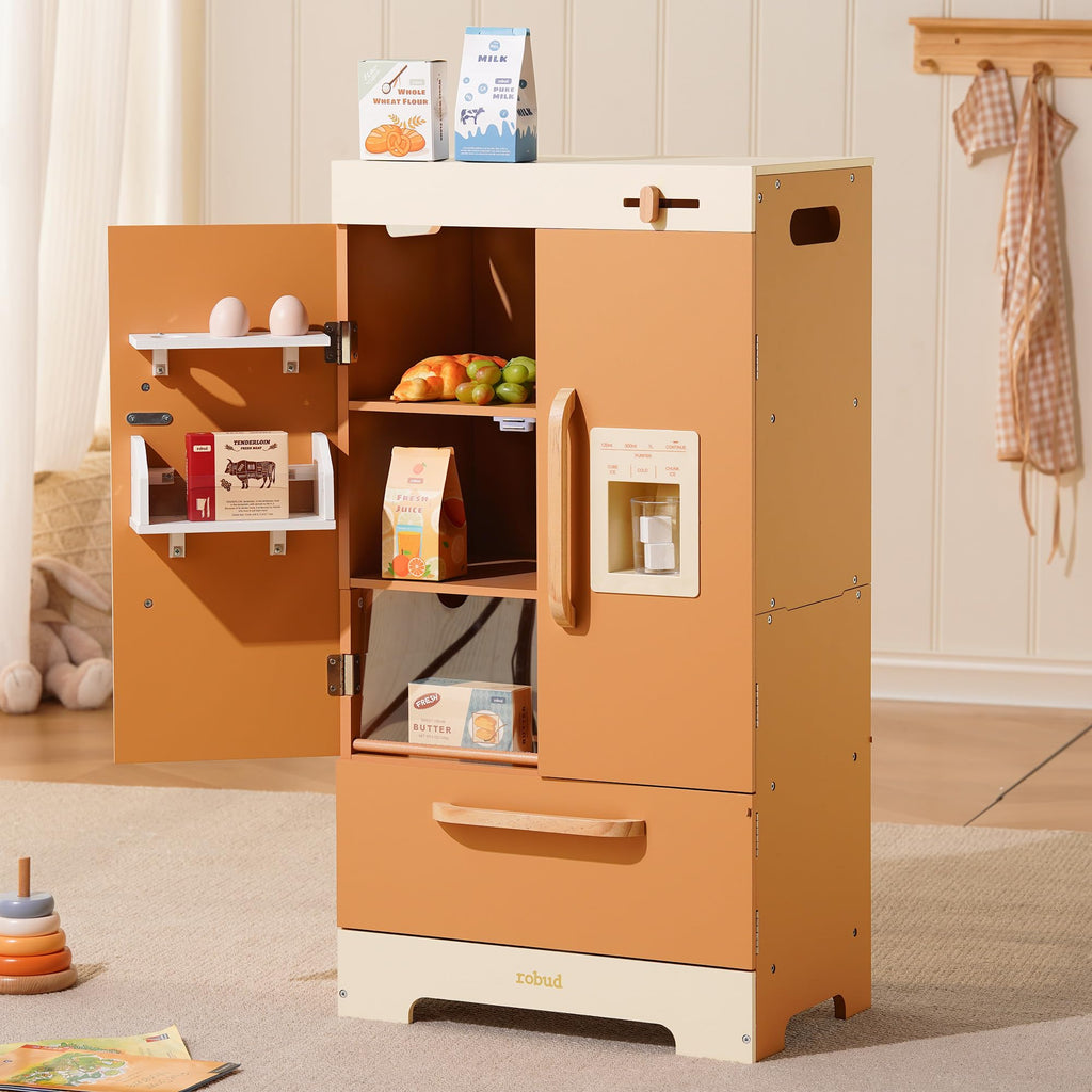 ROBUD Wooden Play Kitchen Fridge, Toy Kitchen Refrigerator, Kids Fridge Freezer Set with Ice Maker, Kitchen Playset Gift for Kids & Toddlers, Age 3+ (Caramel)
