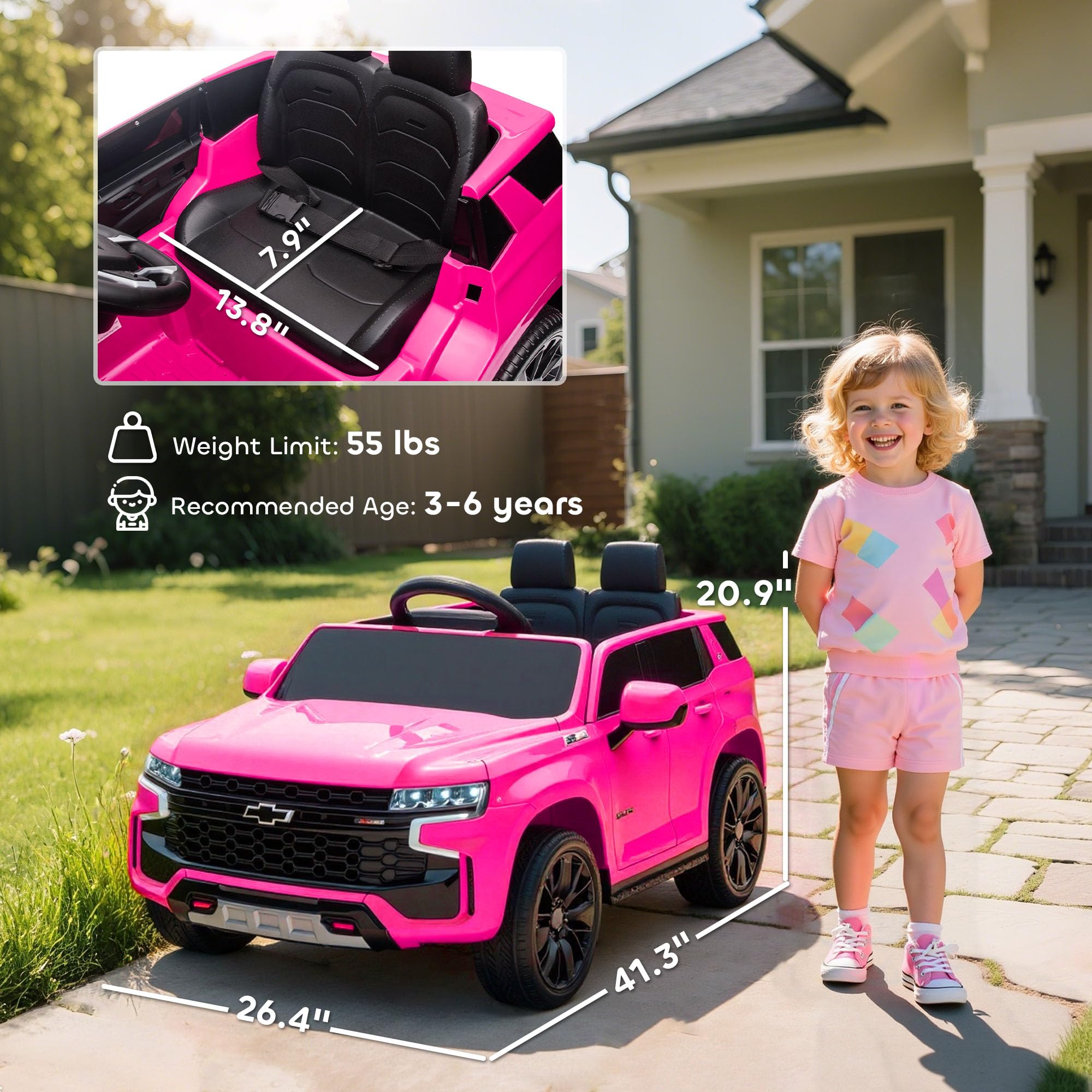 Aosom Licensed Chevrolet Tahoe Ride On Car, 12V 7AH Battery Power Ride On Toy with Parent Remote Control, LED Lights, Music, 4 Wheeler Suspension, 3 Speeds, Kids Electric Vehicle for Aged 3+, Pink