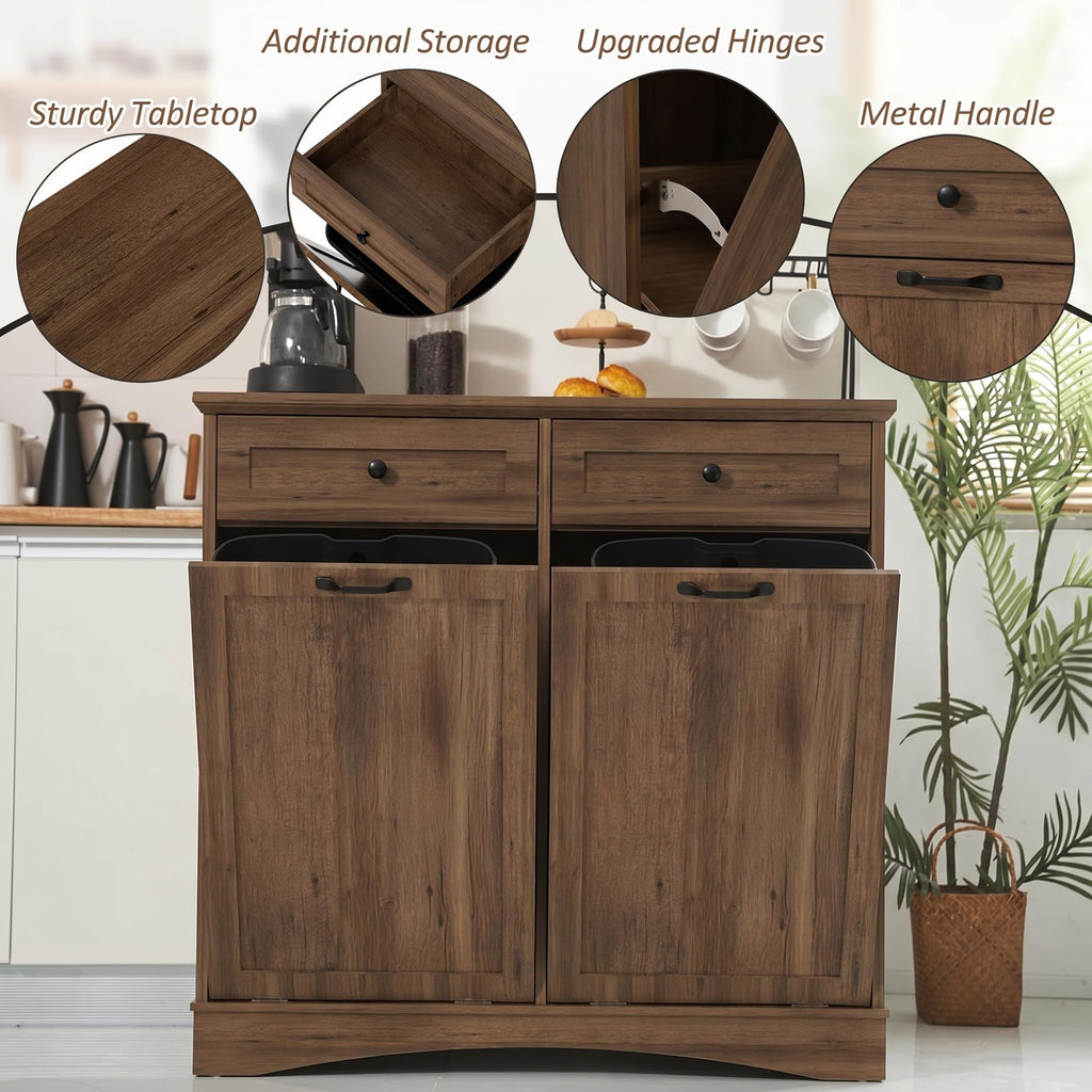 AHB Double Tilt Out Trash Can Cabinet Freestanding Kitchen Trash Can, 2x13 Gallons Hidden Garbage Recycling Cabinet with Hideaway Drawers Pet Proof Trash Can Holder for Kitchen, Antique White