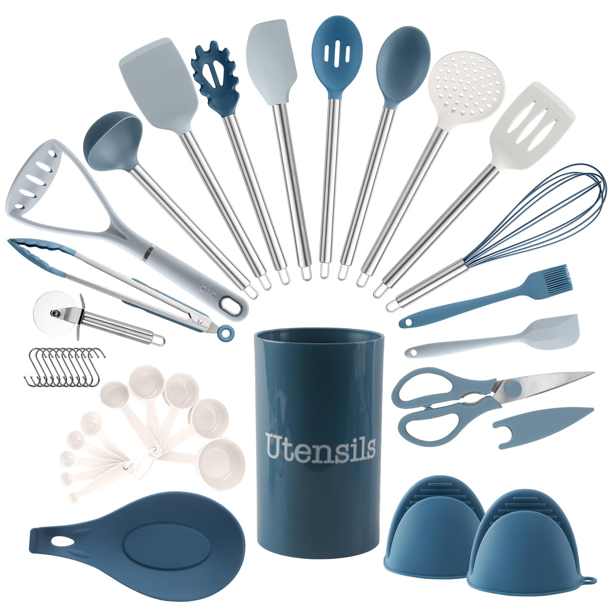 COOK WITH COLOR Silicone Cooking Utensils, Kitchen Utensil Set, Easy to Clean Silicone Kitchen Utensils, Cooking Utensils for Nonstick Cookware, Kitchen Gadgets Set with Holder, 10 Pieces