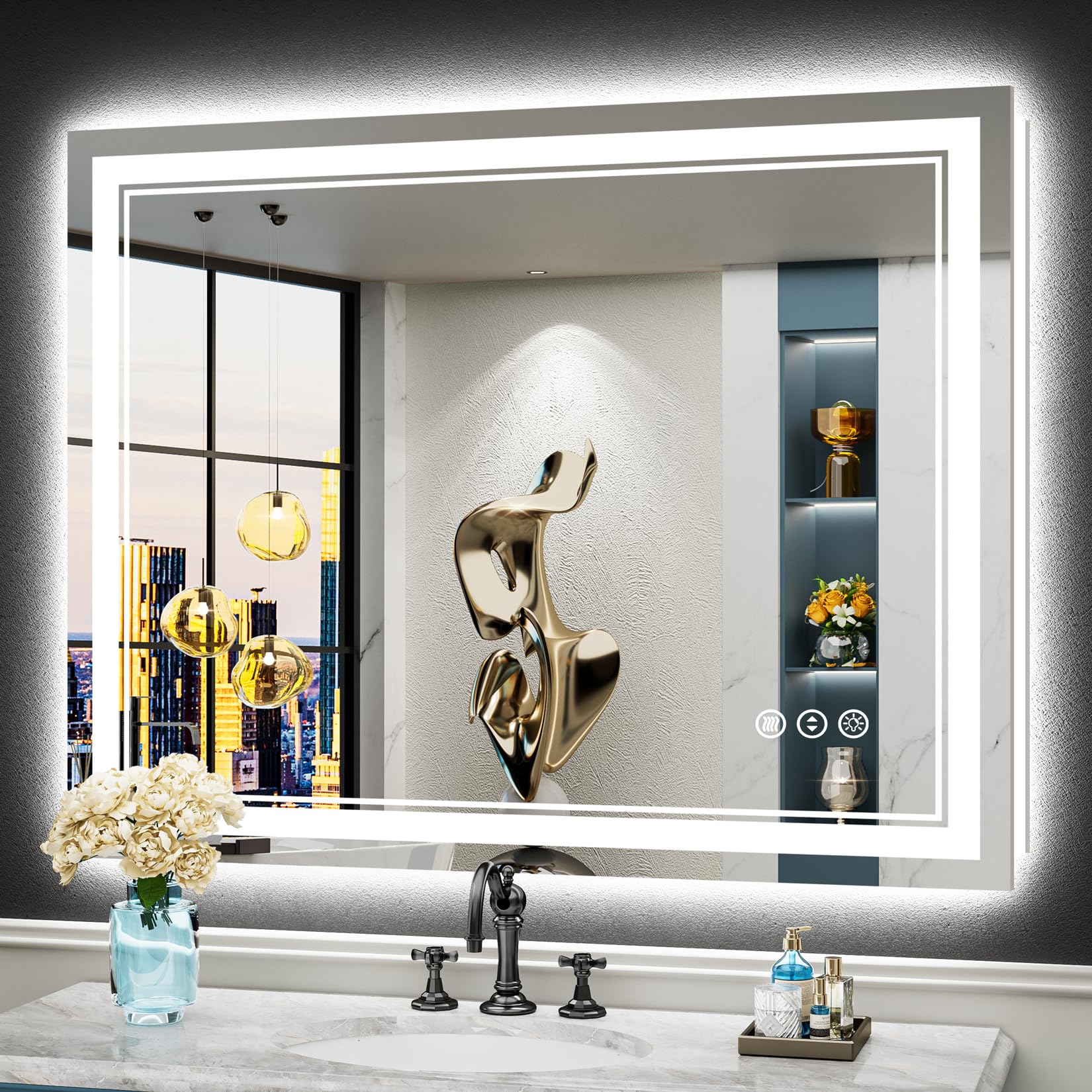 24x32 Black Framed LED Bathroom Mirror with Lights, Backlit and Front Lit Anti-Fog Lighted Vanity Mirrors for Bathroom Wall, Dimmable, 3 Colors, Memory, HD Tempered Glass, Horizontal/Vertical
