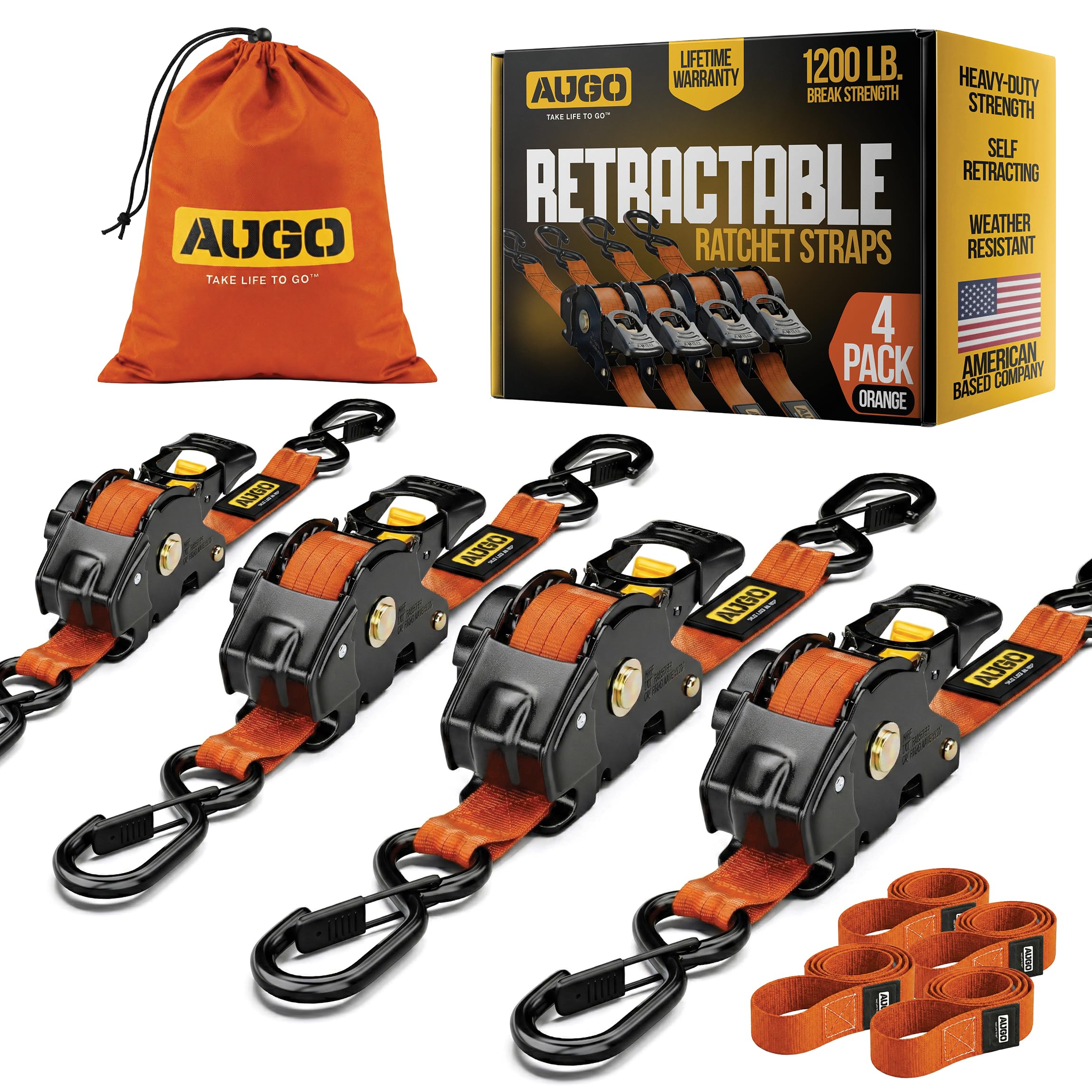 AUGO Retractable Ratchet Straps | 2 Heavy Duty Ratchet Straps Self Retractable Tie Downs with Soft Loops & Storage Bag for Motorcycle, Truck, Trailer, Cargo Van | 1200 Lb Break Strength 1” x 10’