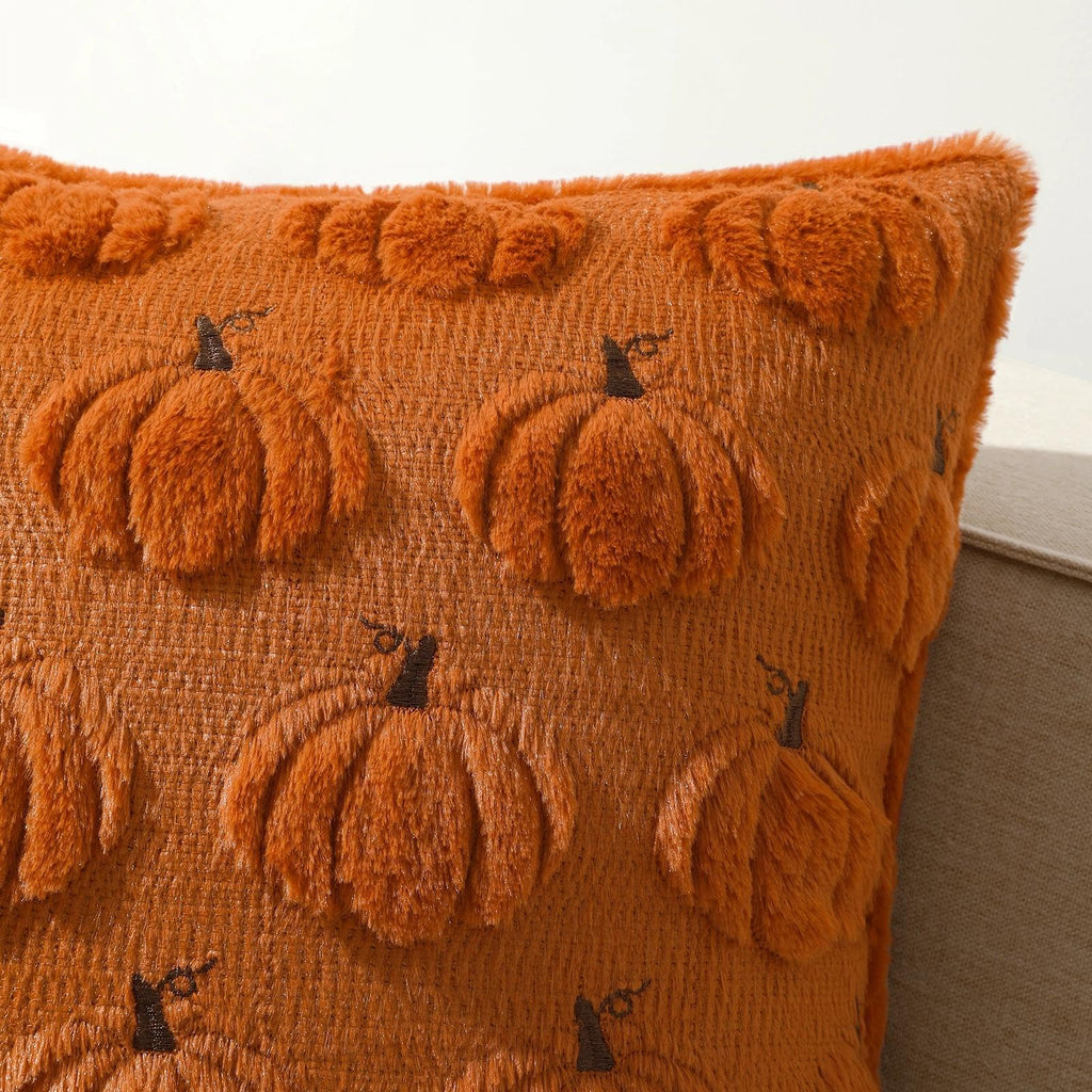 Fall Beige Pillow Covers 18x18 Set of 2 Double-Sided Pumpkin Plush | Boho farmhouse comfort with raised Autumn pumpkin embroidery, designed for living rooms, sofas, and cozy fall home decor.