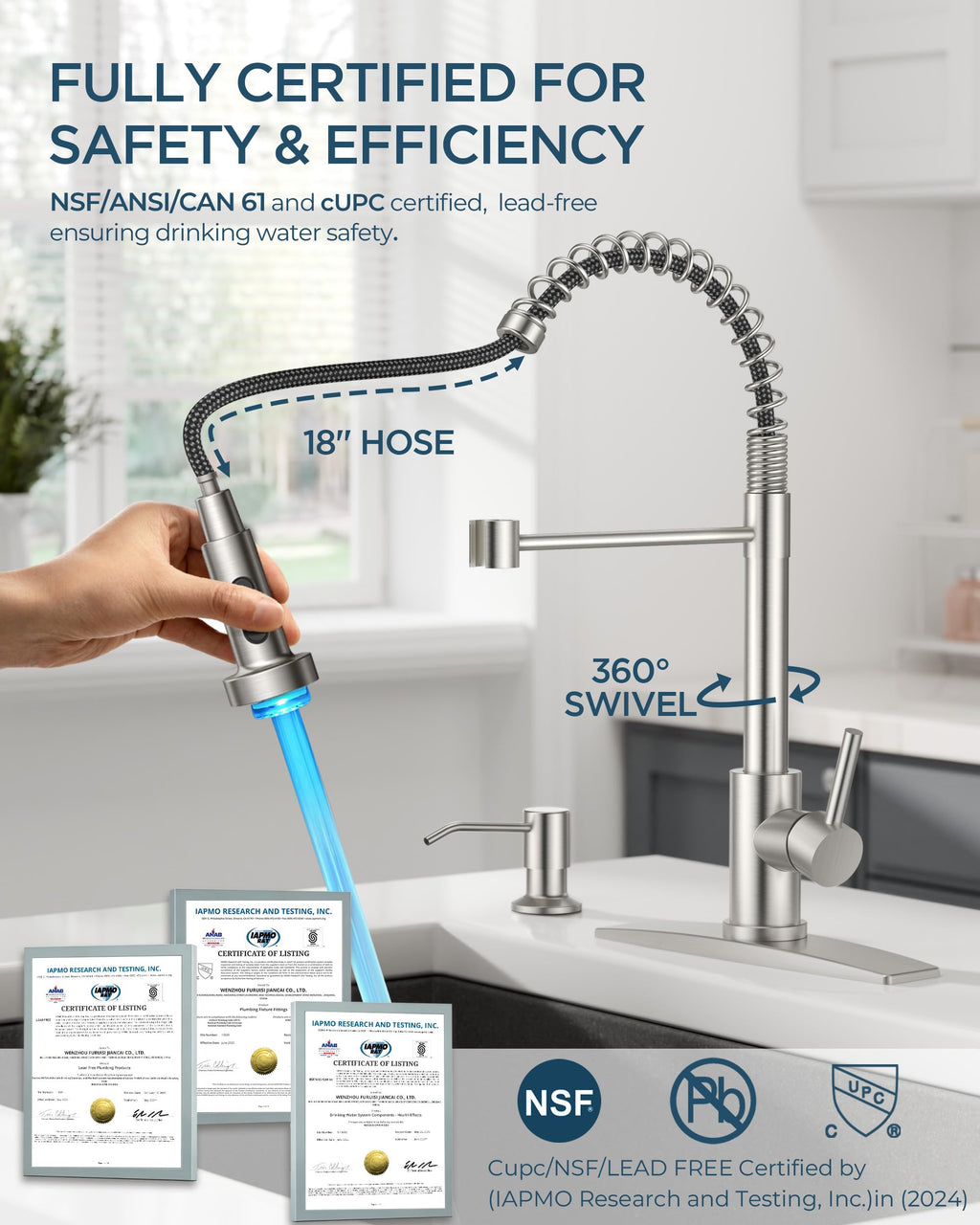 FORIOUS Kitchen Faucet with Soap Dispenser, Gold Stainless Steel Single Handle Modern Spring Commercial Sink Faucet with Pull Down Sprayer for Laundry & Utility Room RV Camp Bar Farmhouse
