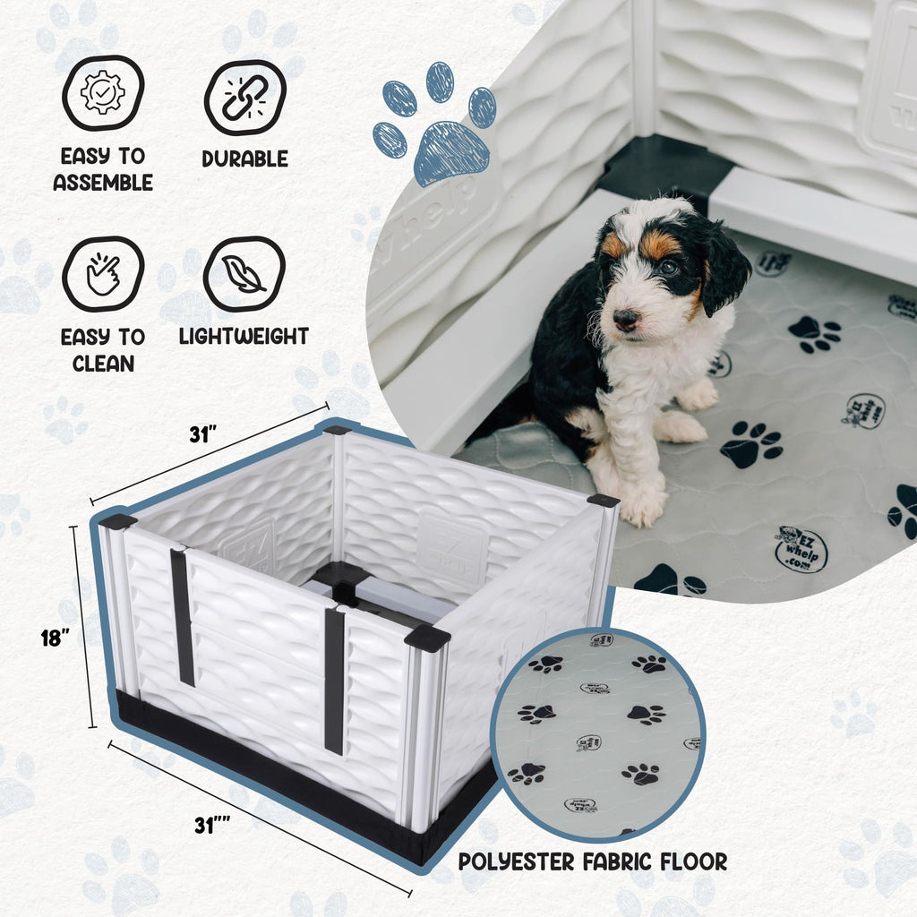 EZwhelp EZclassic Windowed 48"x48"x18" Whelping Box with Rails and Windowed Walls, Padded Dog Whelping Box, Black Pad