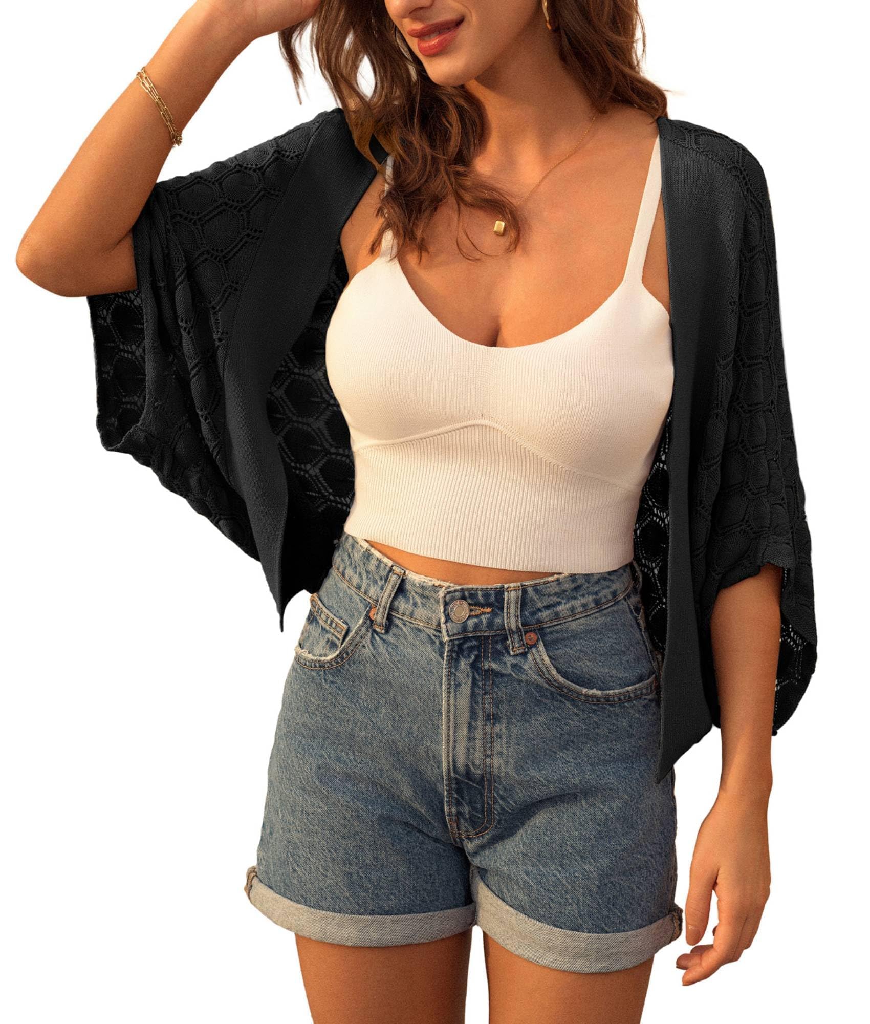 GRACE KARIN Summer Cropped Cardigan for Women 2026 Batwing Sleeve Crochet Bolero Shrug Sweaters Lightweight Beach Boho Kimono