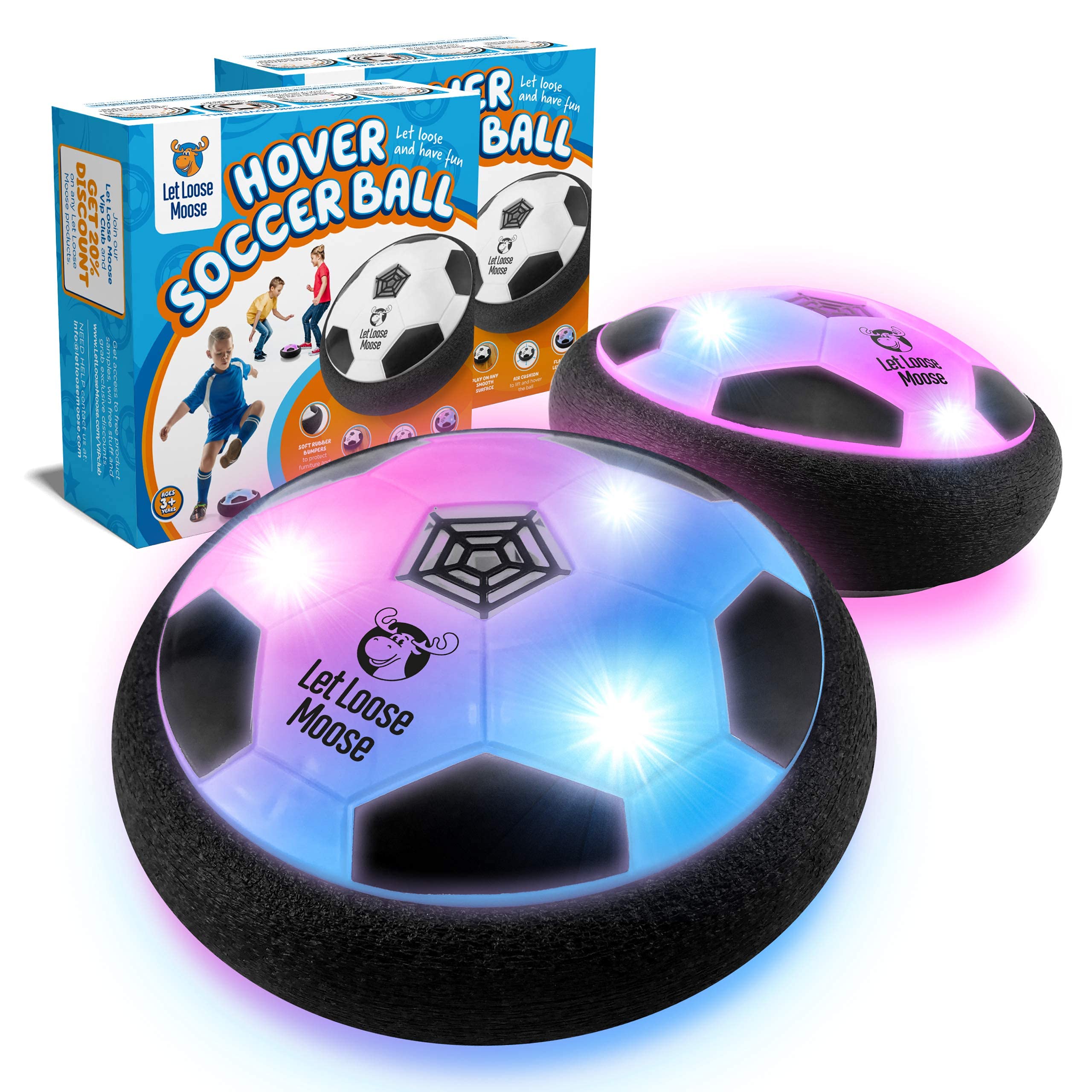 Let Loose Moose Hover Soccer Ball - Set of 2 Air Floating Soccer Toy with Led Light and Foam Bumper Protection, Indoor Sports Games Birthday Christmas for Boys - Birthday Gifts for Kids