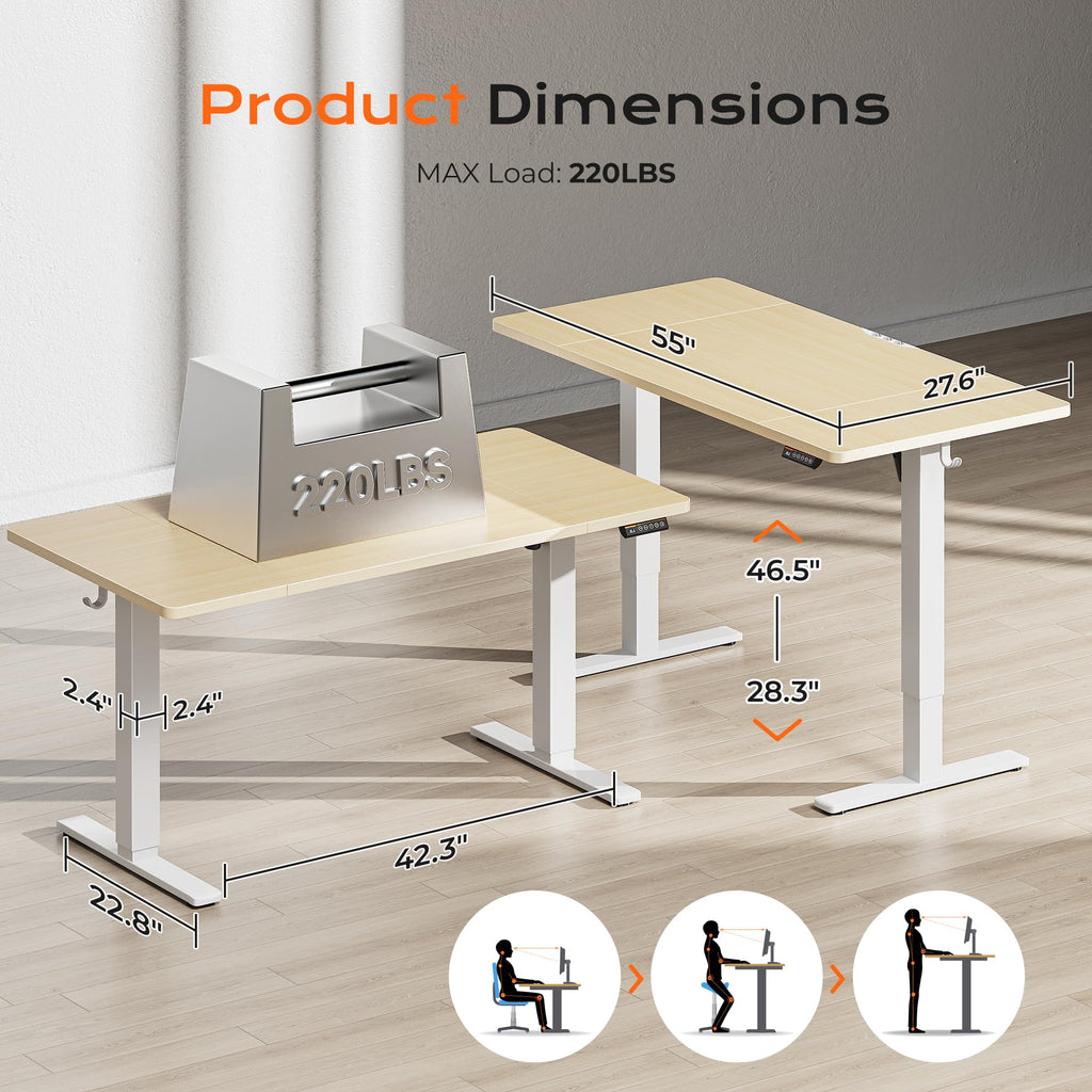 Huuger 48 x 28 Large Electric Standing Desk, Height Adjustable Desk, 27.6" Deep Desktop, Stand up Gaming, 2 Hooks, 3 Preset Heights, for Home Office, Black