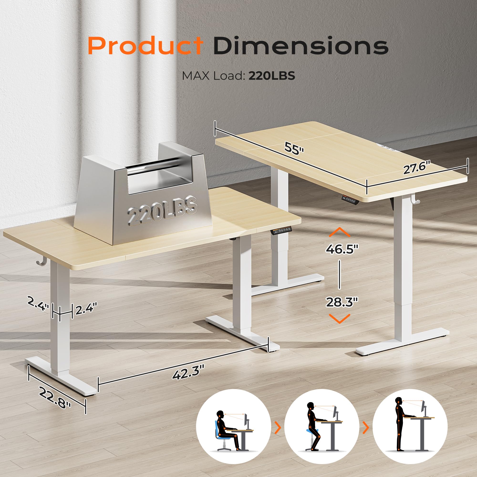 Huuger 48 x 28 Large Electric Standing Desk, Height Adjustable Desk, 27.6" Deep Desktop, Stand up Gaming, 2 Hooks, 3 Preset Heights, for Home Office, Black