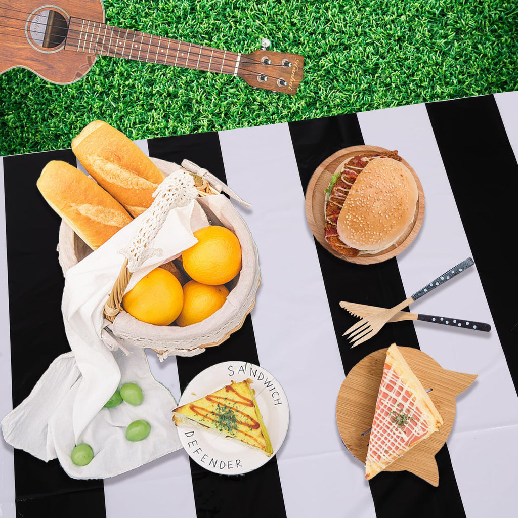 Kesfey 3 Packs Black and White Horizontal Striped Table Cloth 54 x 108 Inch Classic Black Stripe Tablecloths Disposable Plastic Stripe Table Covers Waterproof Picnic Tablecover for Halloween Party