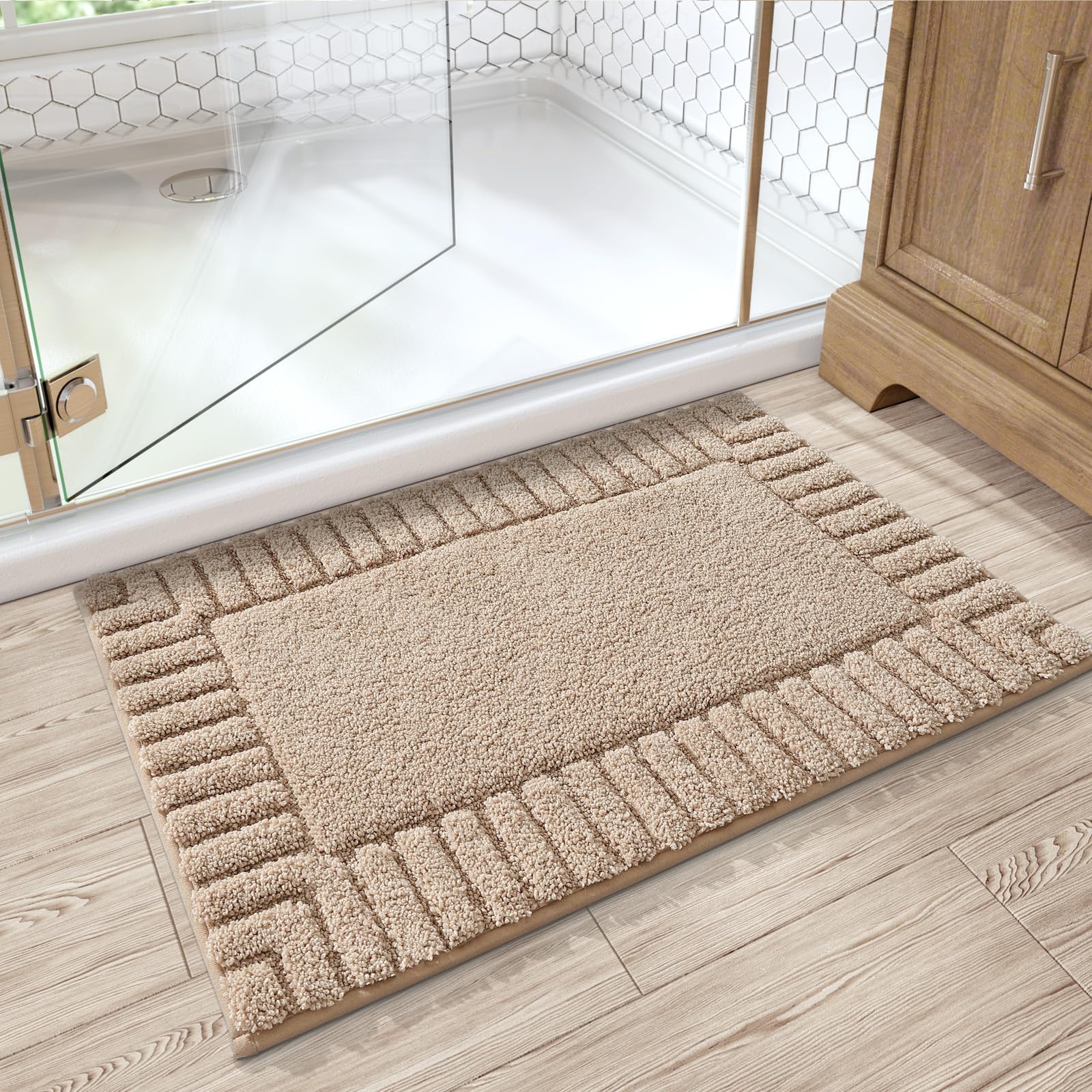 LUMI Bathroom Rugs Non Slip with Rubber Backing, Extra Soft Plush Microfiber Bath Rug Absorbent, Machine Washable Bath Mat Quick Dry for Tub, Shower, Hotel, Beige, 16"x24"
