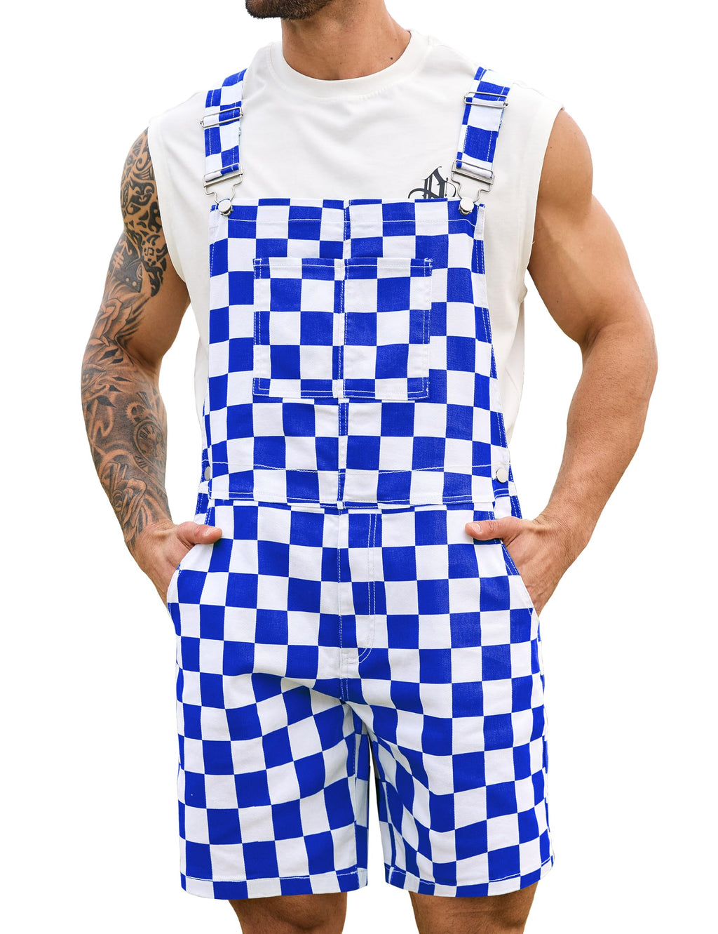 Odefou Checkered Bib Overalls for Men Jumpsuit Shorts Work Coveralls