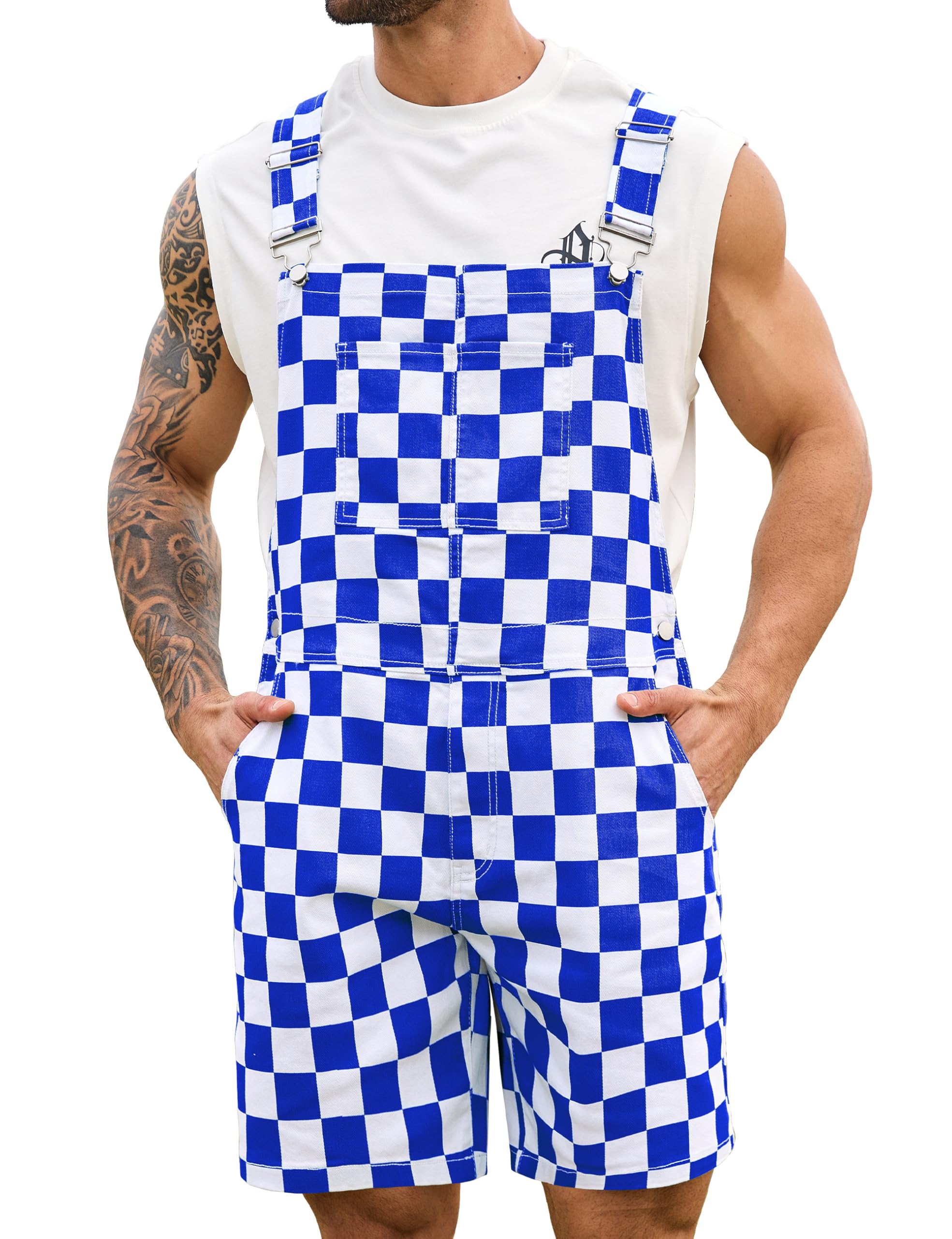 Odefou Checkered Bib Overalls for Men Jumpsuit Shorts Work Coveralls
