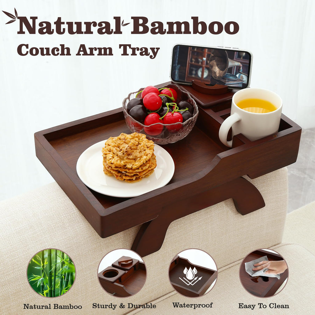 GHKINMAL Couch Cup Holder Tray, 15.4"x9.9" Large 4 in 1 Couch Arm Tray with 360°Rotated Phone Holder, Non-Slip Clip on Side Table for Drinks/Remote/Snacks, Ideal Gift for Husband, Wife, Parents