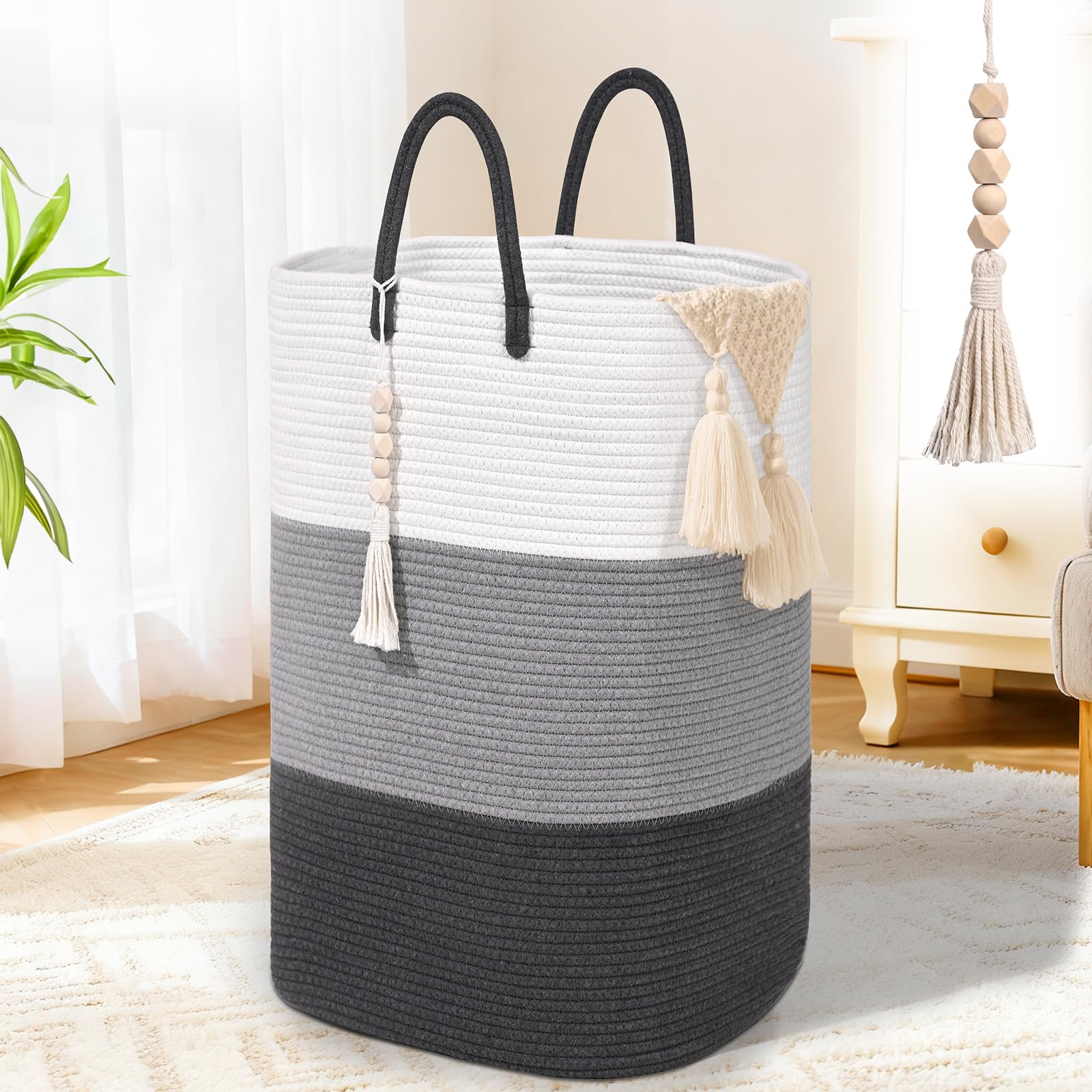 Woven Laundry Basket for Clothes, 50L Large Rectangle Laundry Hampers with Beads Tassel, Nursery Storage Basket for Toys, Tall Dirty Clothes Hamper for Bedroom Aesthetic, Laundry Room Organization