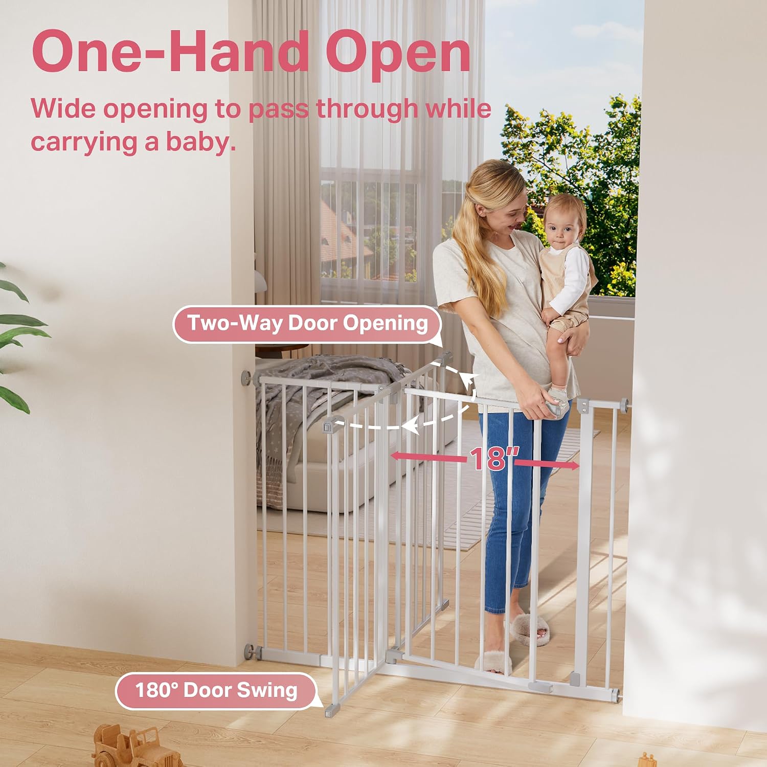 InnoTruth Baby Gate for Stairs 28.9-42.1" Wide, 30" Tall Easy Step Walk Through Expandable Dual Lock Dog Gates for the House, Metal Pressure Mounted Easy Install Pet Gate for Dogs, White