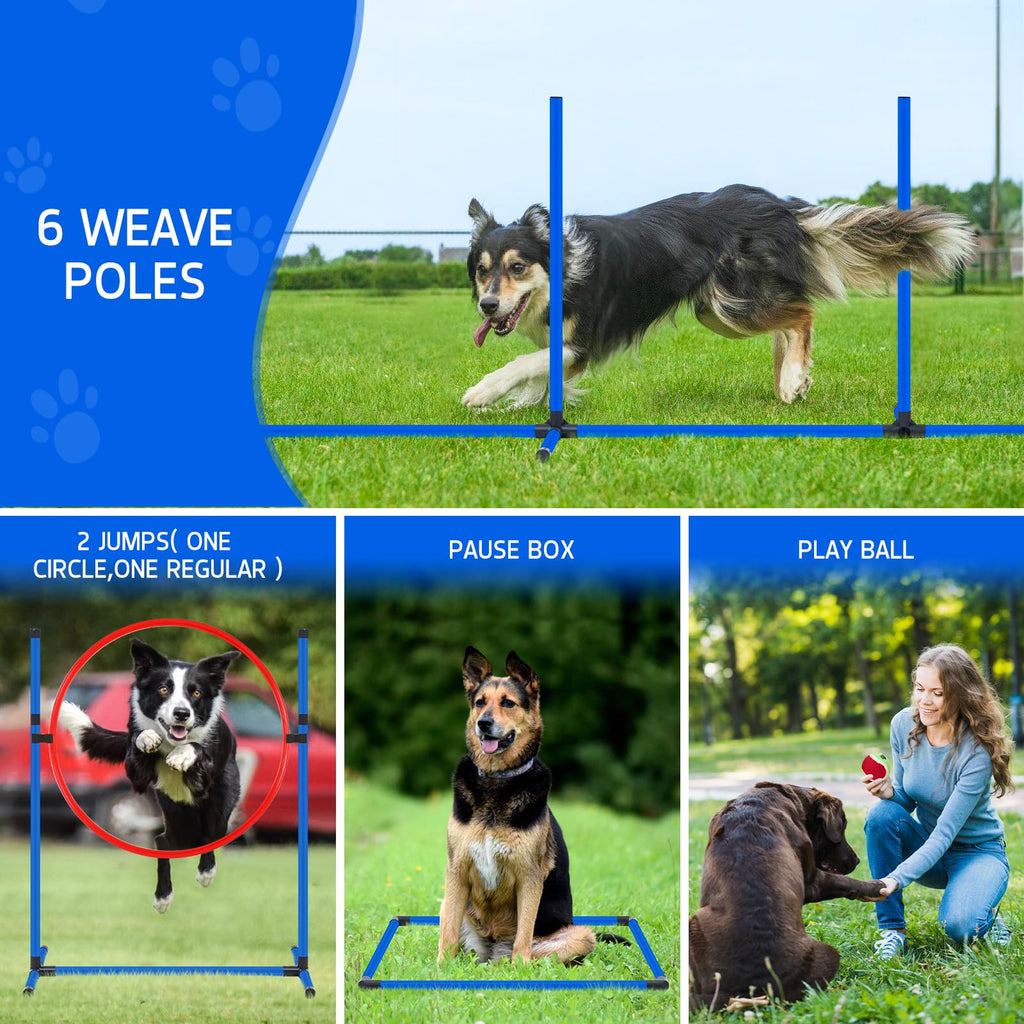 Polar Aurora Dog Agility Equipment, Dog Obstacle Courses Backyard - Pet Outdoor Games w/Adjustable High Jump, Agility Weave Poles, Tunnel, Jumping Ring, Pause Box, 2 Balls,Whistle and Carrying Bag