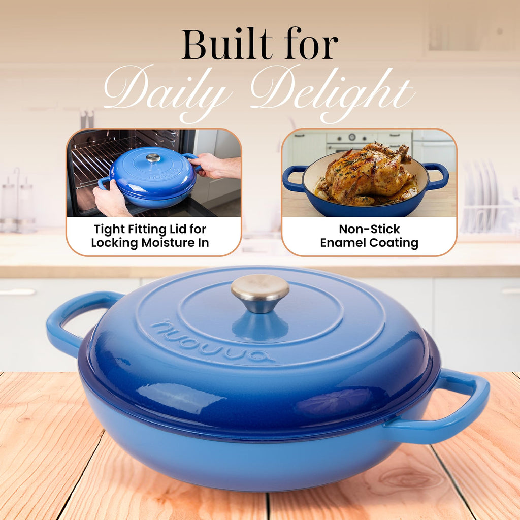 Shallow Cast Iron Casserole with Lid – Non Stick Dutch Oven Pot, Oven Safe up to 500° F – Sturdy Ovenproof Stockpot Cookware – Enamelled Cooking Pot – Black, 5-Quart, 32cm – by Nuovva