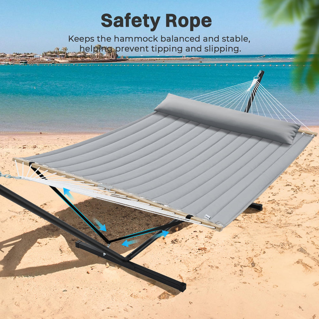 SUPERJARE Hammock with Stand, 2 Person Quilted Outdoor Hammock, Detachable Pillow & Bamboo Spreaders, Portable Hammock with Carrying Bag, Heavy Duty Stand, Perfect for Outside, Patio, Aqua Blue