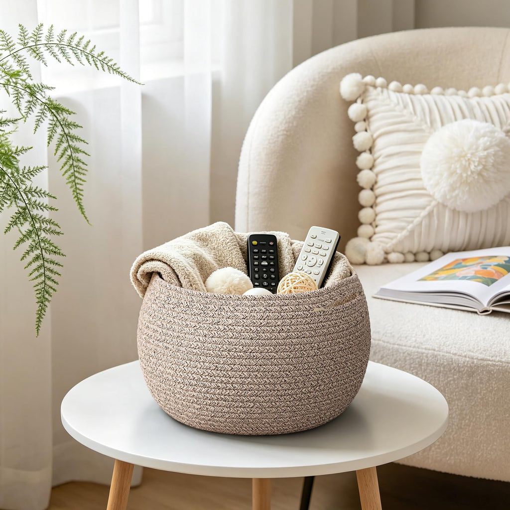 Goodpick Small Rope Storage Basket, Black Round Baskets for Socks, Dog Toys, Towels, Cute Baby Basket for Living Room, Bedroom, Nursery, Towel Baskets for Bathroom, 10 x 8.3 inches