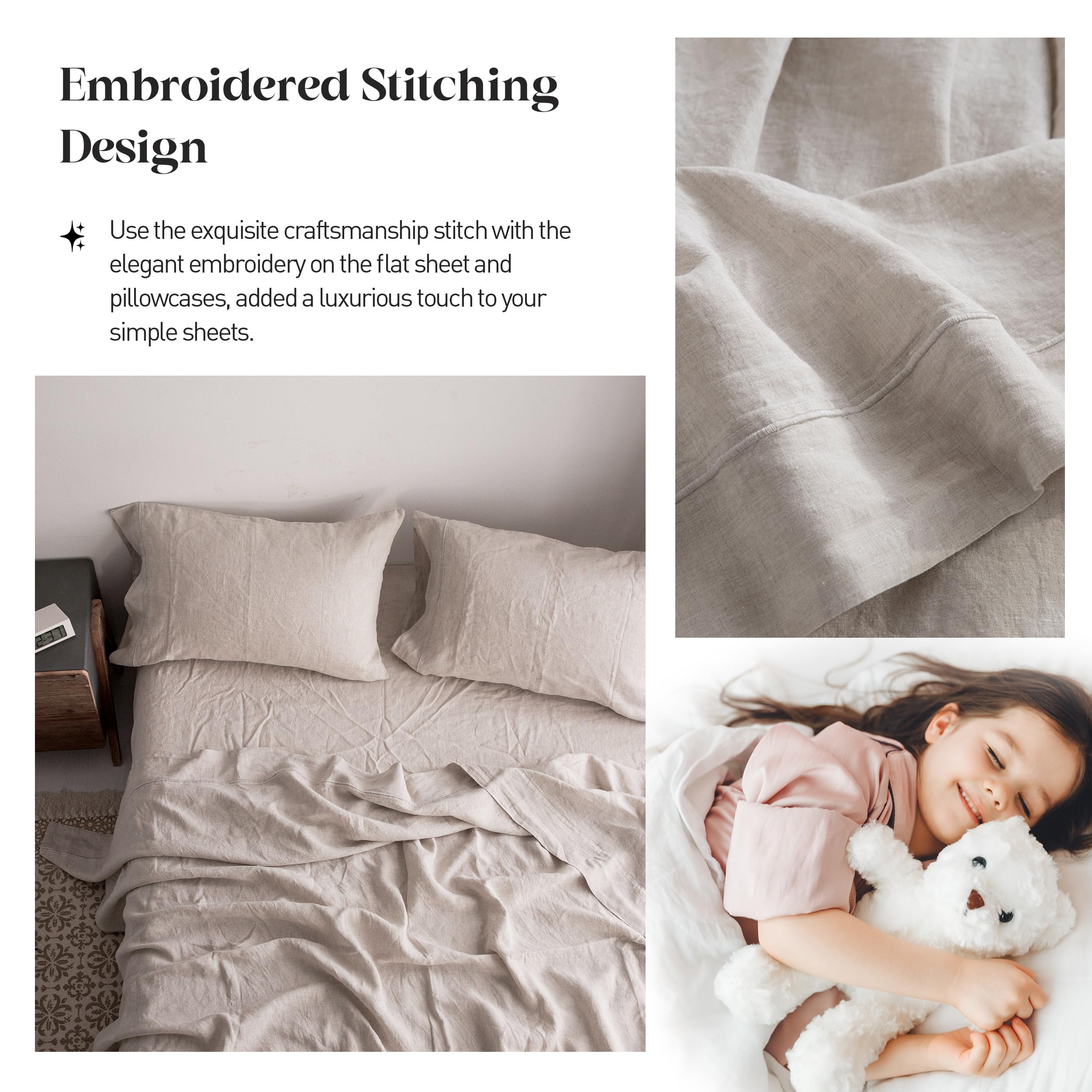 Simple&Opulence 100% Pure Linen Sheet Set Twin Size, Natural French Flax Solid Color 3 Pcs Washed Breathable, Farmhouse Bedding (1 Flat Sheet,1 Fitted Sheet,1 Pillowcase)-Embroidery Dark Grey