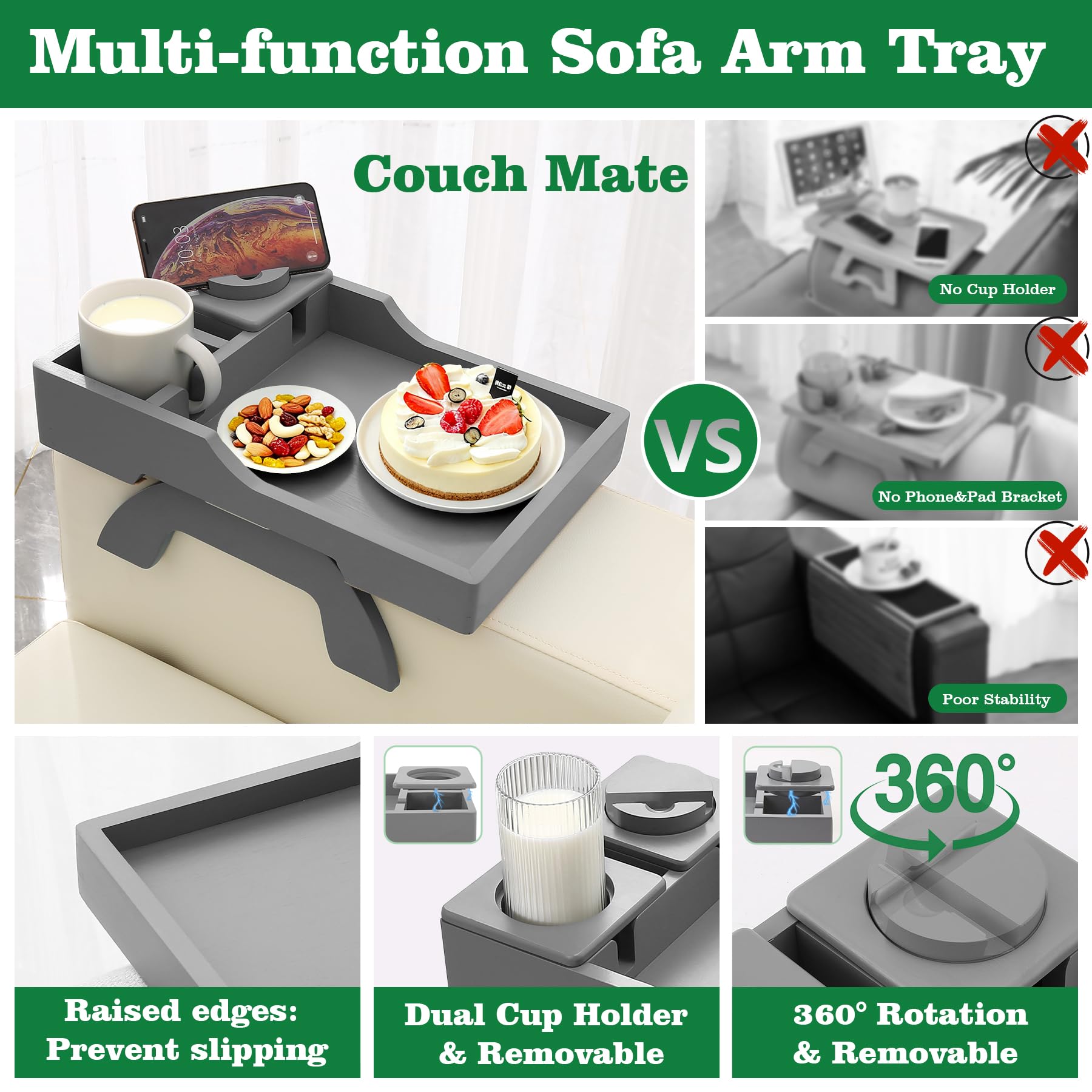 GHKINMAL Couch Cup Holder Tray, 15.4"x9.9" Large 4 in 1 Couch Arm Tray with 360°Rotated Phone Holder, Non-Slip Clip on Side Table for Drinks/Remote/Snacks, Ideal Gift for Husband, Wife, Parents