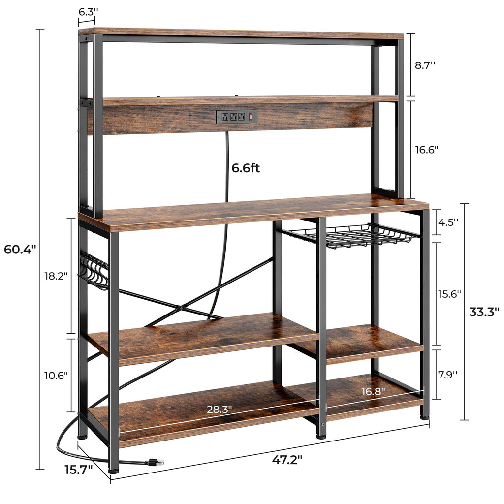 SUPERJARE Bakers Rack with Power Outlet, 35.4 Inches Coffee Bar with Wire Basket, Kitchen Microwave Stand with 6 S-Shaped Hooks, Open Storage Shelves, Black