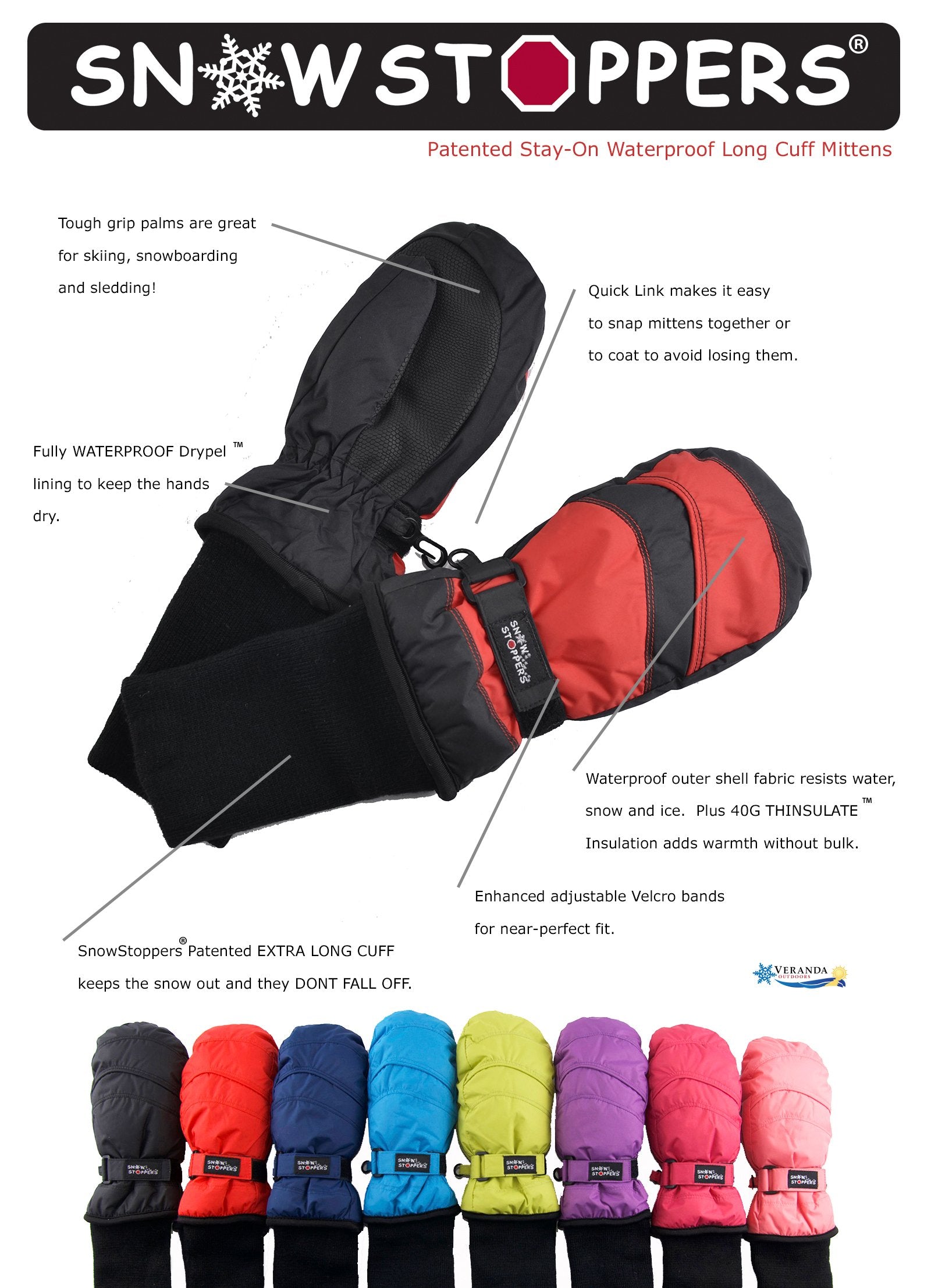 SnowStoppers Kids Waterproof Long Cuff Winter Mittens