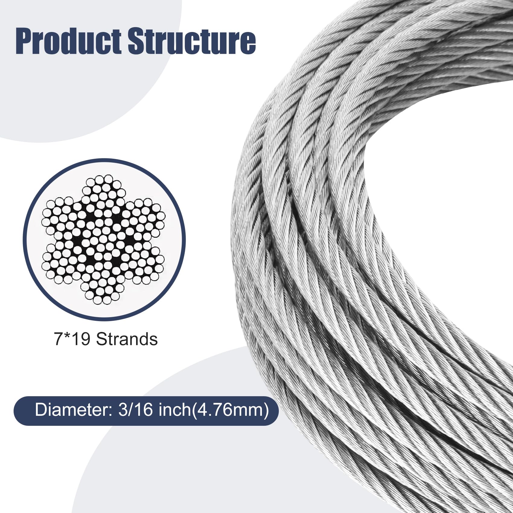 Thickened 3/16" 25ft Stainless Steel Cable with Wire Rope Clip, Thimble and Aluminum Crimping Loop Sleeve, 7X19 Strands Aircraft Cable, 3700lbs Breaking Strength for Deck Railing, String Lights