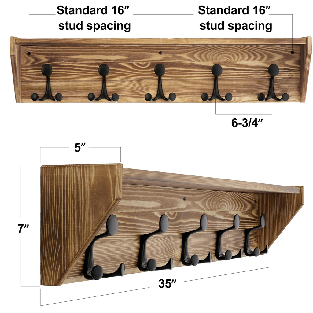 SKOLOO Wall Shelf with Hooks, 24-Inch Cherry Coat Rack Wall Mount with Shelf Organizer - Heavy Duty, 4 Tri Hooks - Perfect for Entryway, Hallway, Living Room, Bedroom, Mudroom
